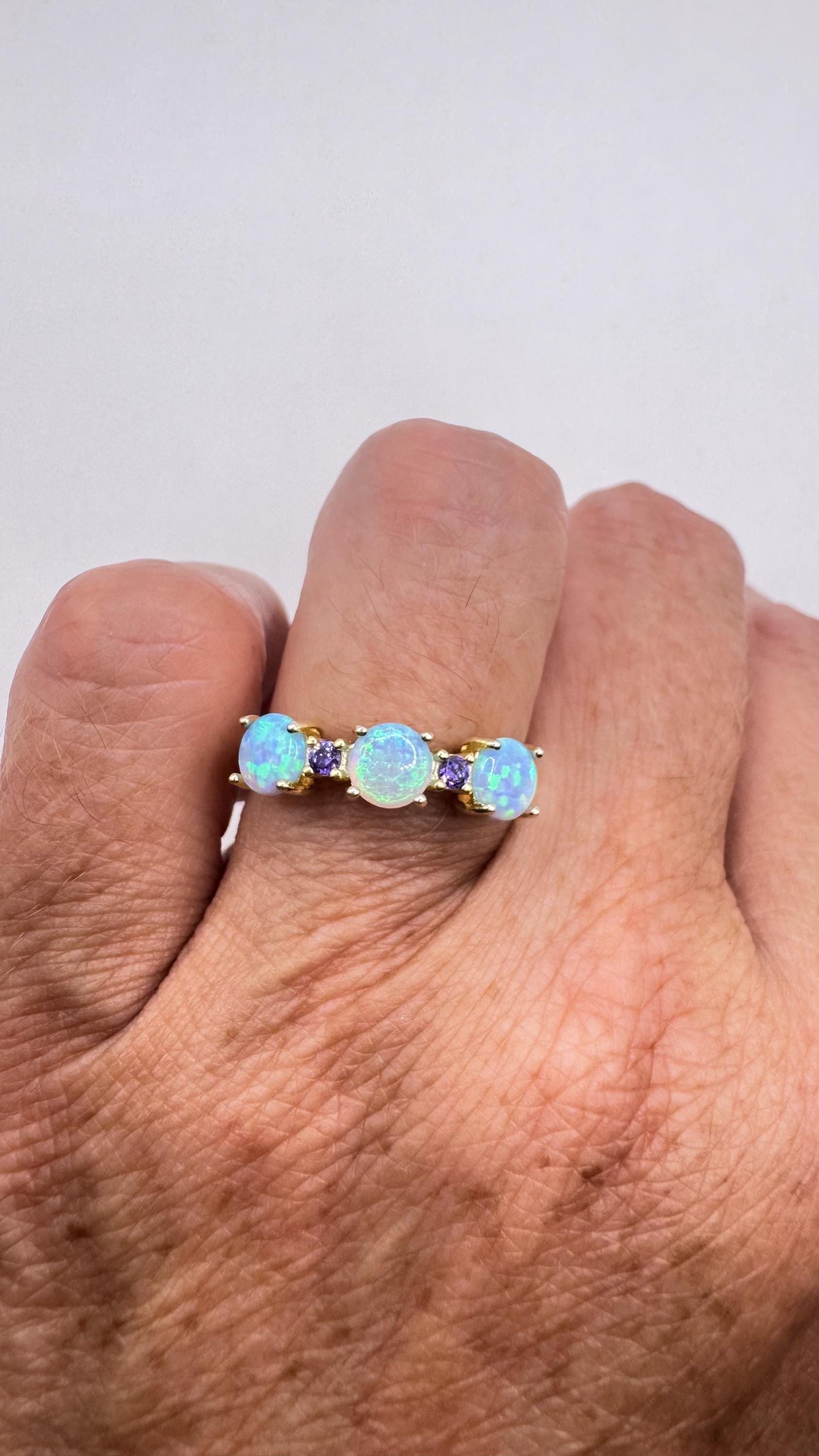 Vintage Fire Opal Green Chrome Diopside Ring Gold 925 Sterling Silver Cocktail Weddng Band Bride Something Blue