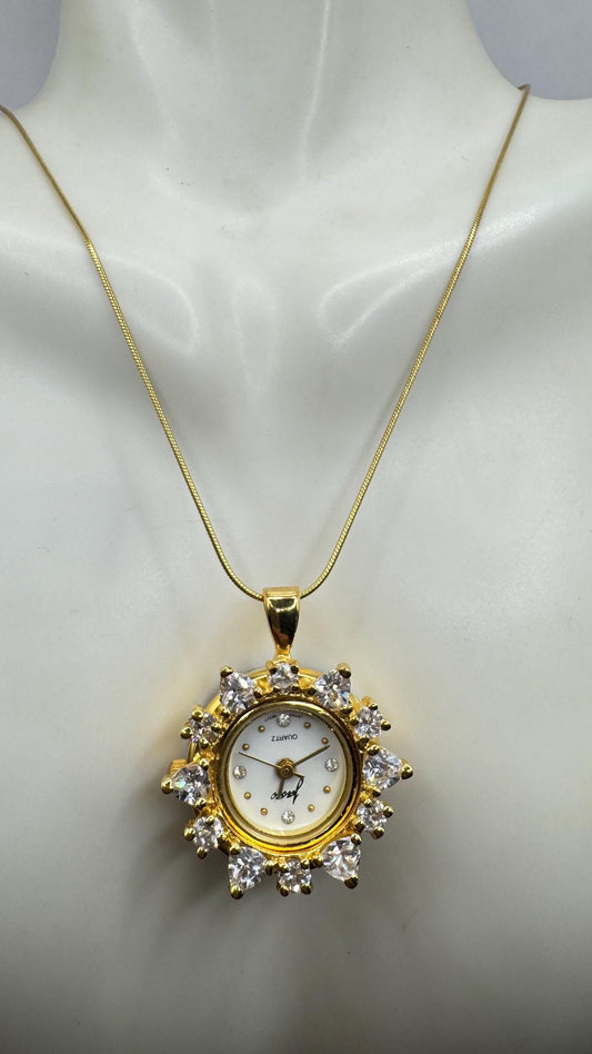 Vintage Watch Necklace 925 Sterling Silver Genuine Gemstone Antique Pendant