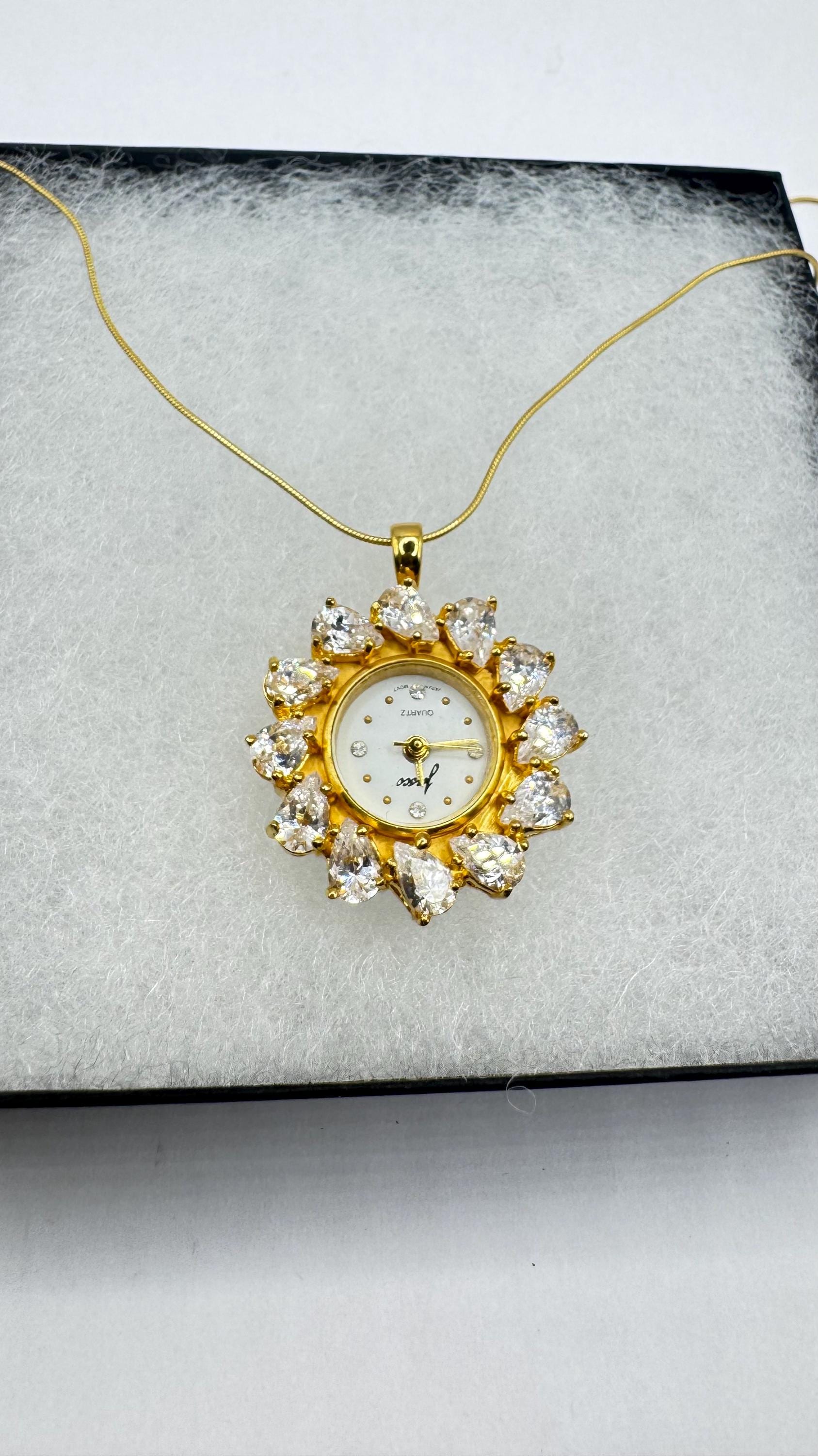 Vintage Watch Necklace 925 Sterling Silver Genuine Gemstone Antique Pendant