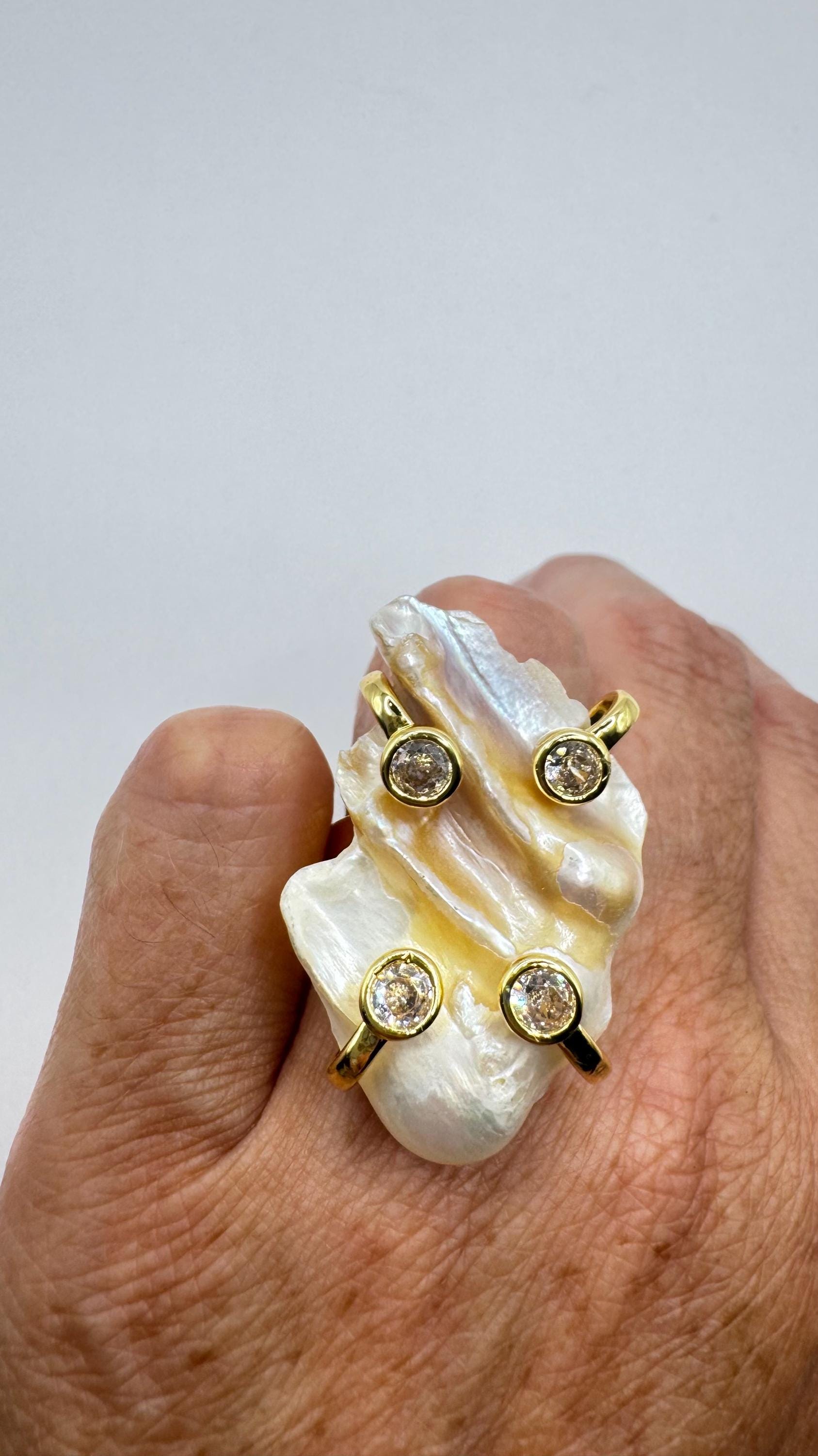 Vintage Biwa Pearl Ring Golden 925 Sterling Silver Cocktail Statement Adjustable