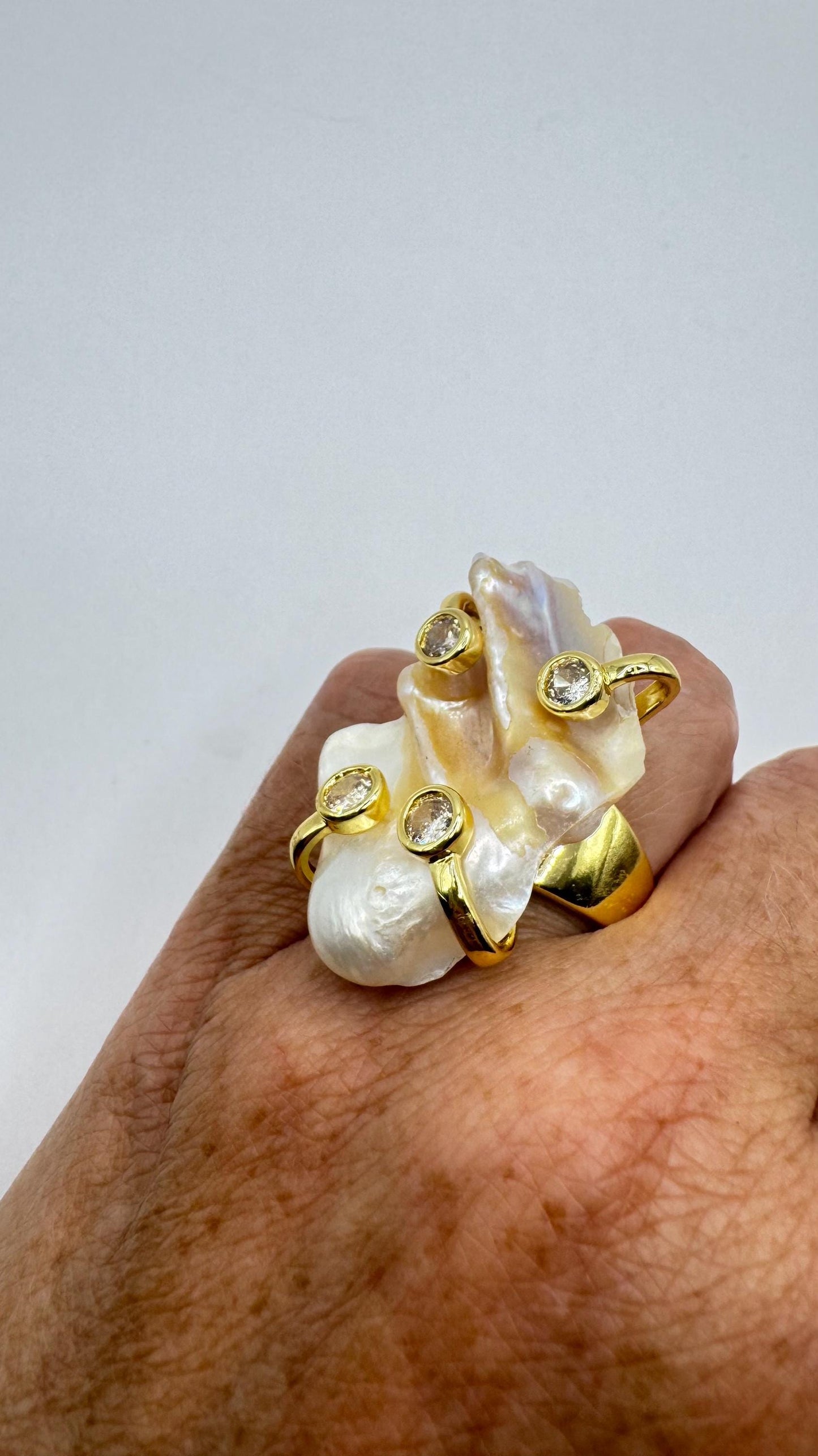 Vintage Biwa Pearl Ring Golden 925 Sterling Silver Cocktail Statement Adjustable