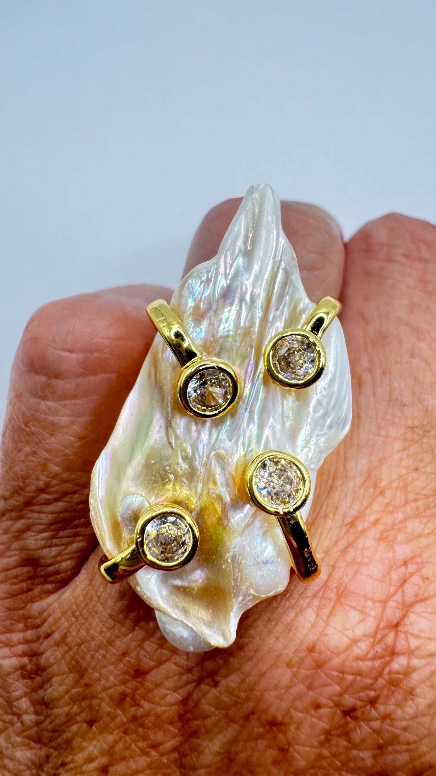 Vintage Biwa Pearl Ring Golden 925 Sterling Silver Cocktail Statement Adjustable