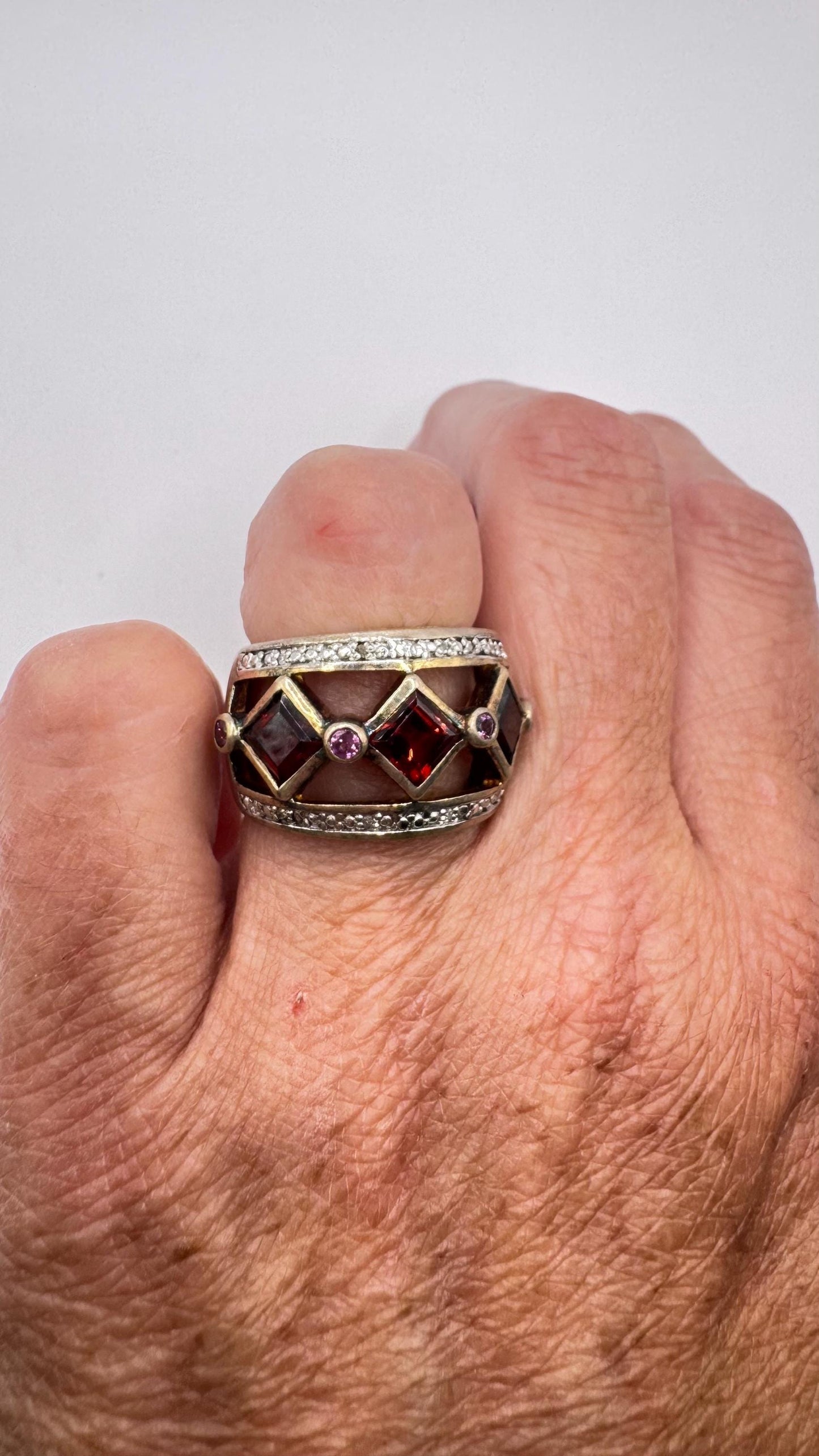 Vintage Handmade Genuine Garnet White Sapphire 925 Sterling Silver Gothic Ring