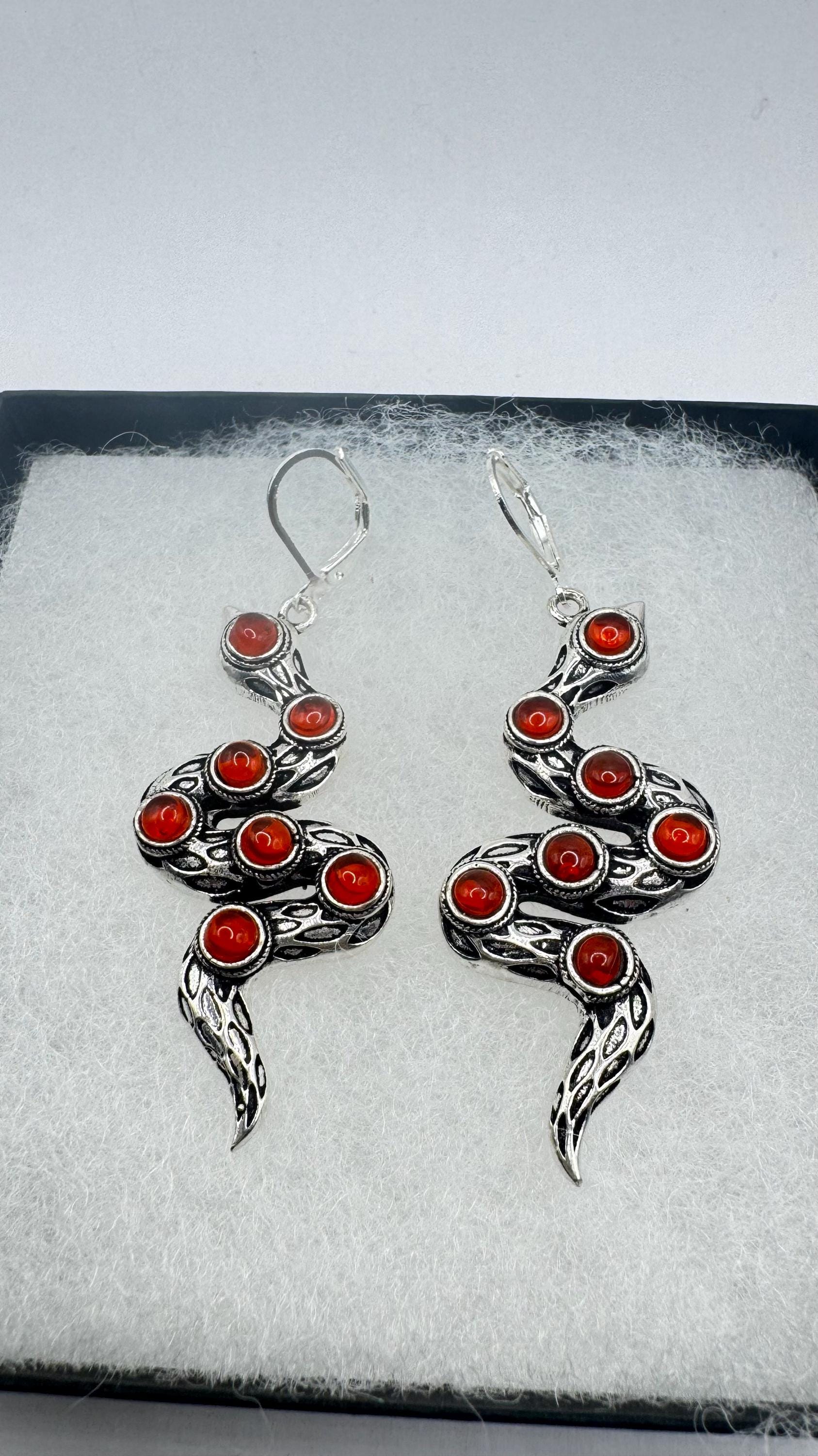 Vintage Genuine Red Carnelian Sterling Silver Snake Serpent Dangle Chandelier Earrings