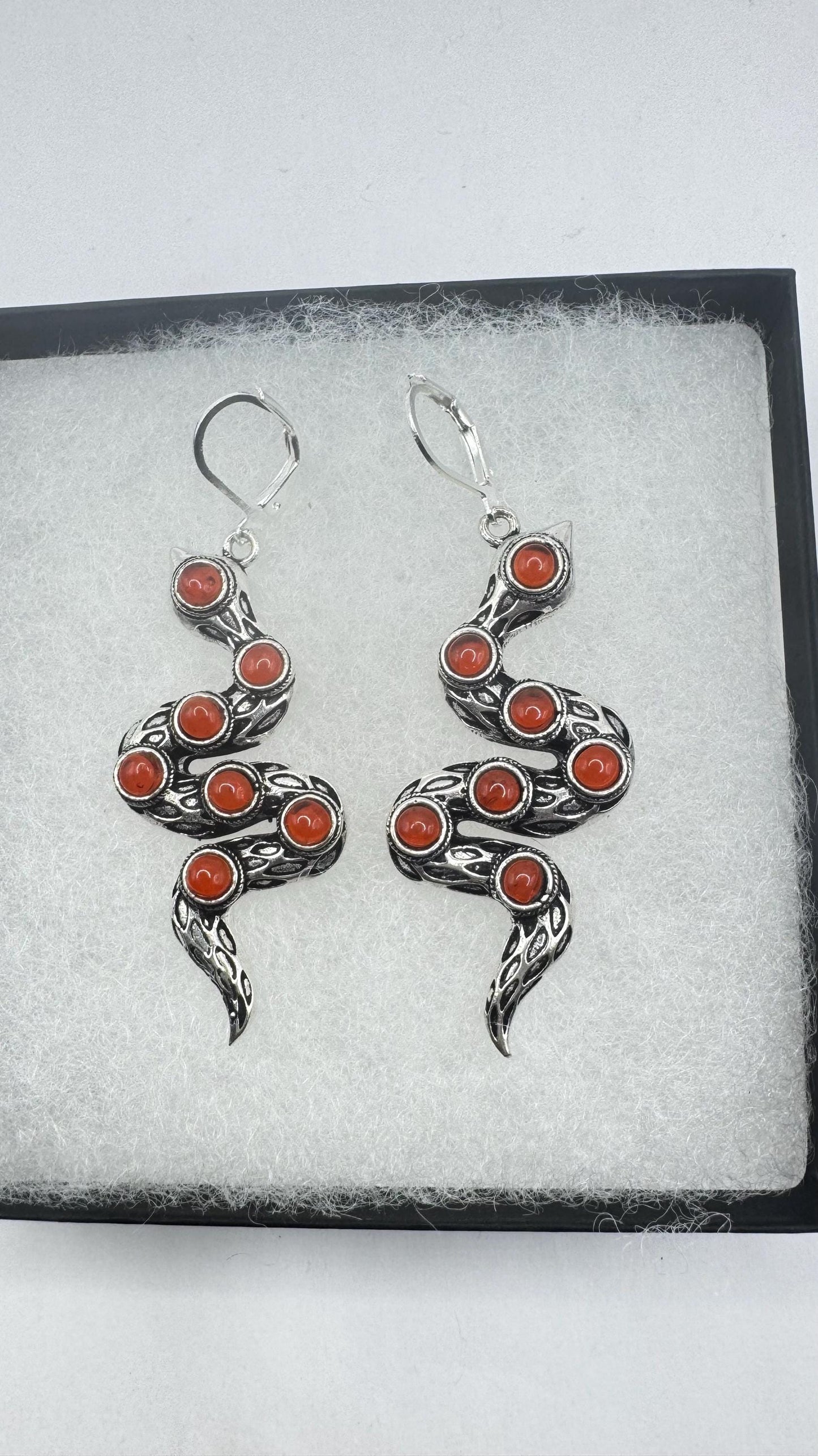 Vintage Genuine Red Carnelian Sterling Silver Snake Serpent Dangle Chandelier Earrings
