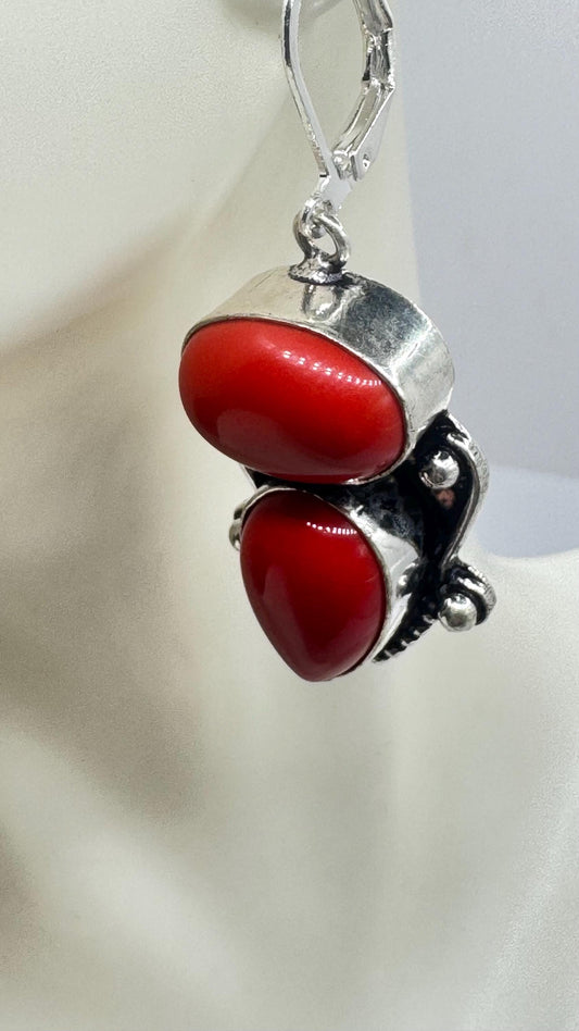 Vintage Red Coral Earrings 925 Sterling Silver Leverback