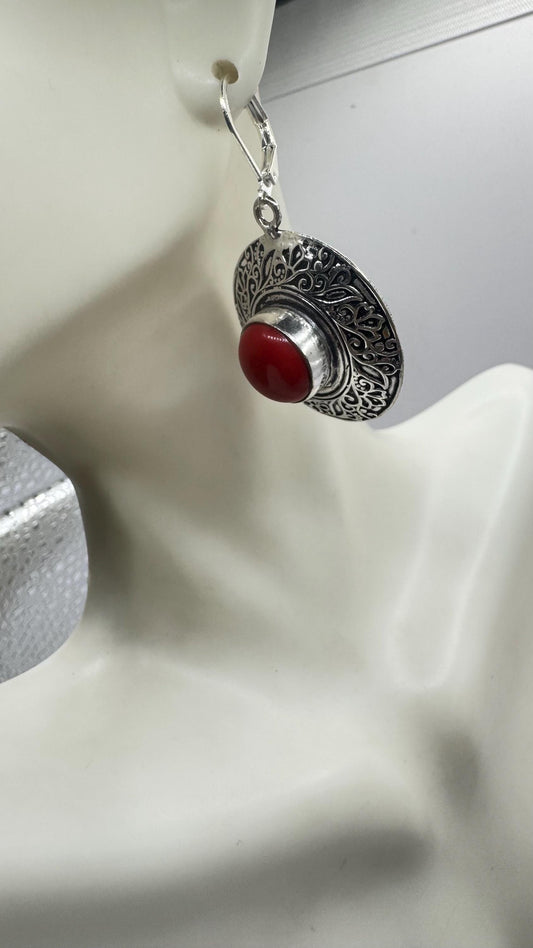 Vintage Red Coral Earrings 925 Sterling Silver Leverback