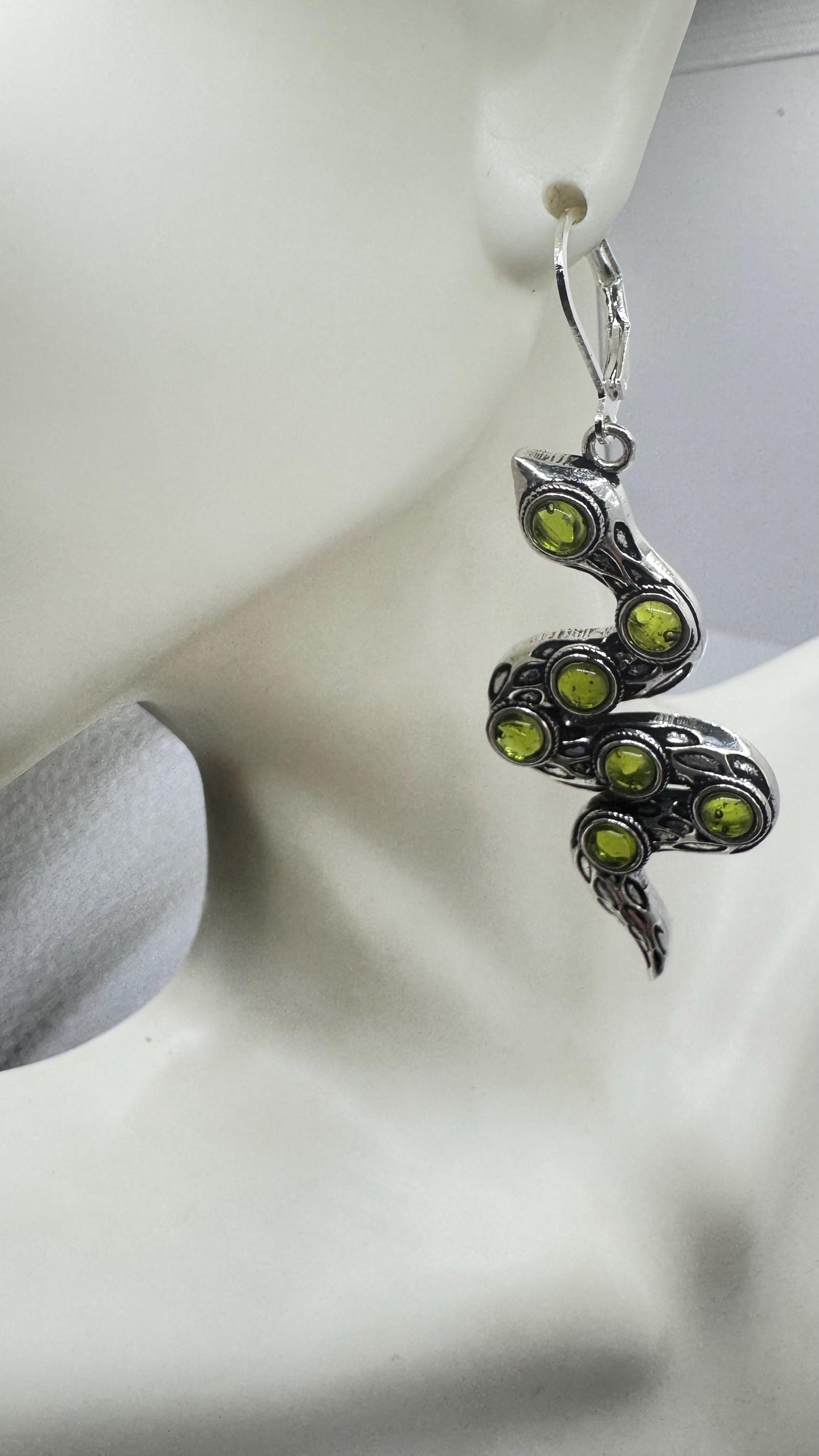 Vintage Genuine Green Peridot Sterling Silver Snake Serpent Dangle Chandelier Earrings