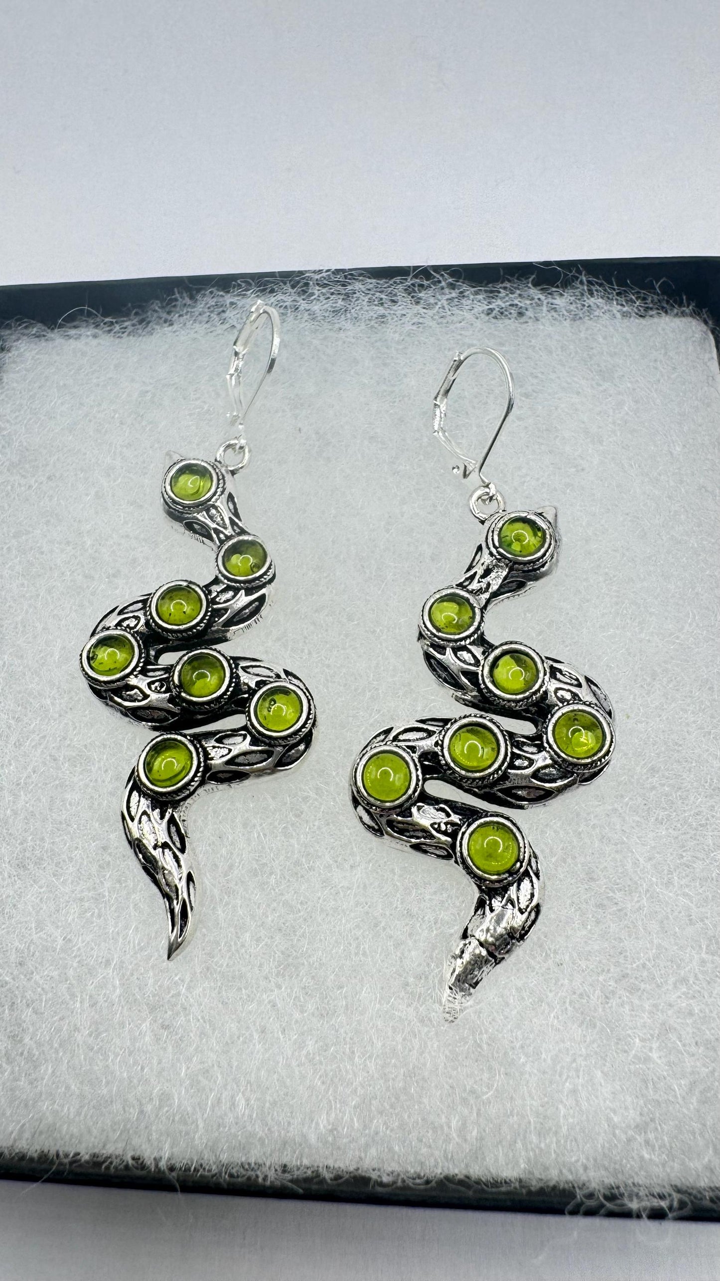 Vintage Genuine Green Peridot Sterling Silver Snake Serpent Dangle Chandelier Earrings