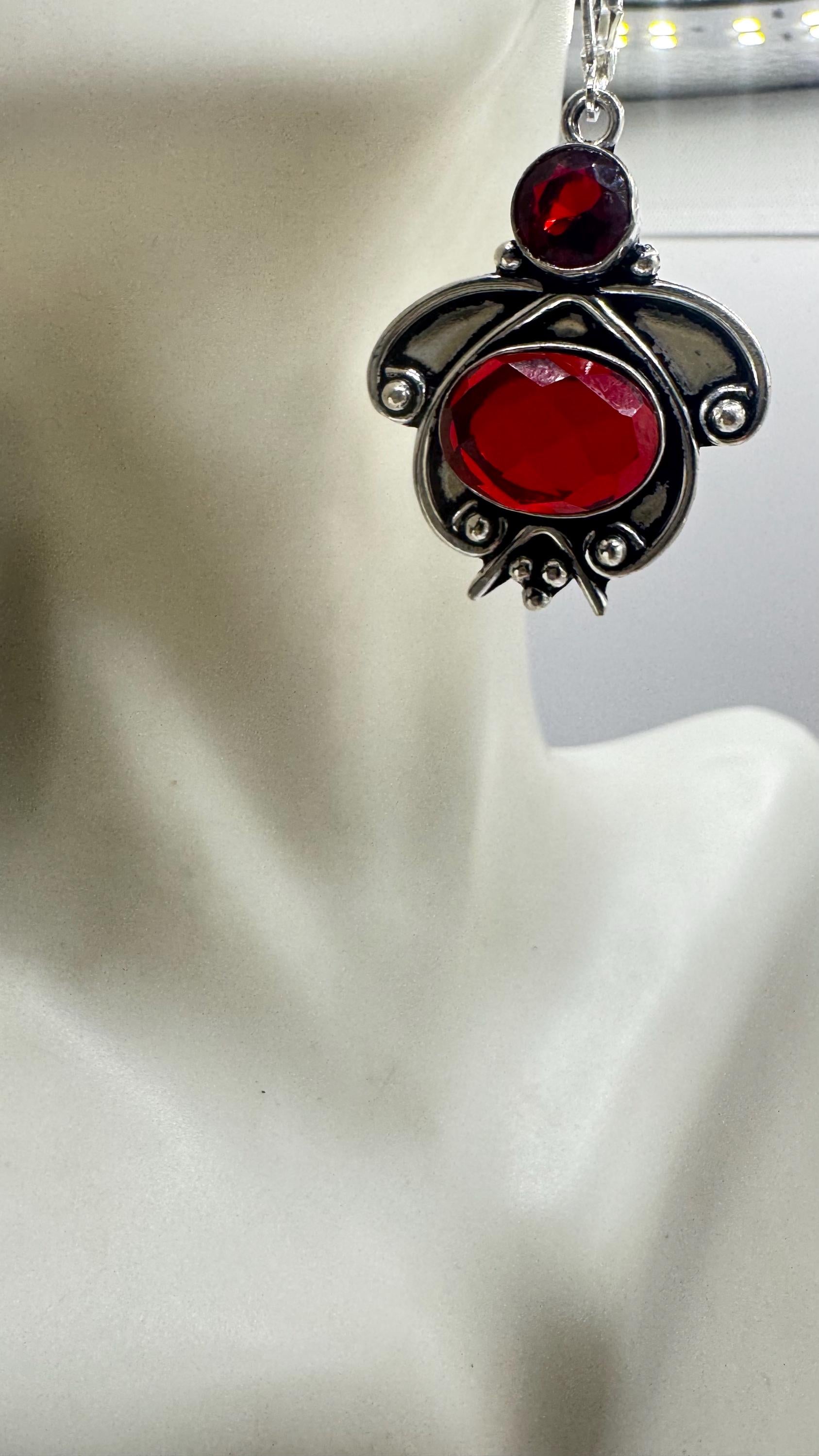Antique Vintage Red Ruby Glass Silver Dangle Earrings