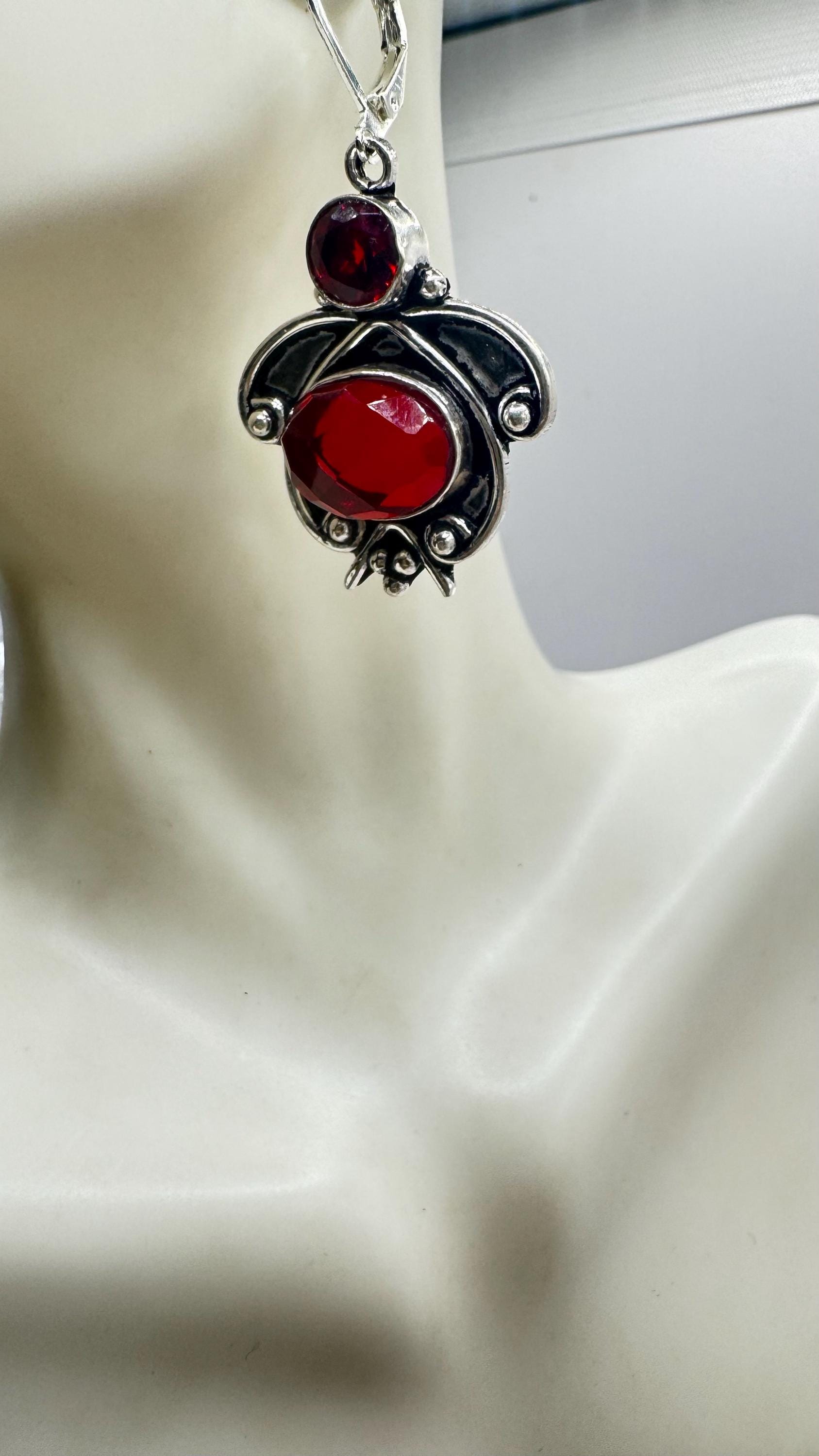 Antique Vintage Red Ruby Glass Silver Dangle Earrings