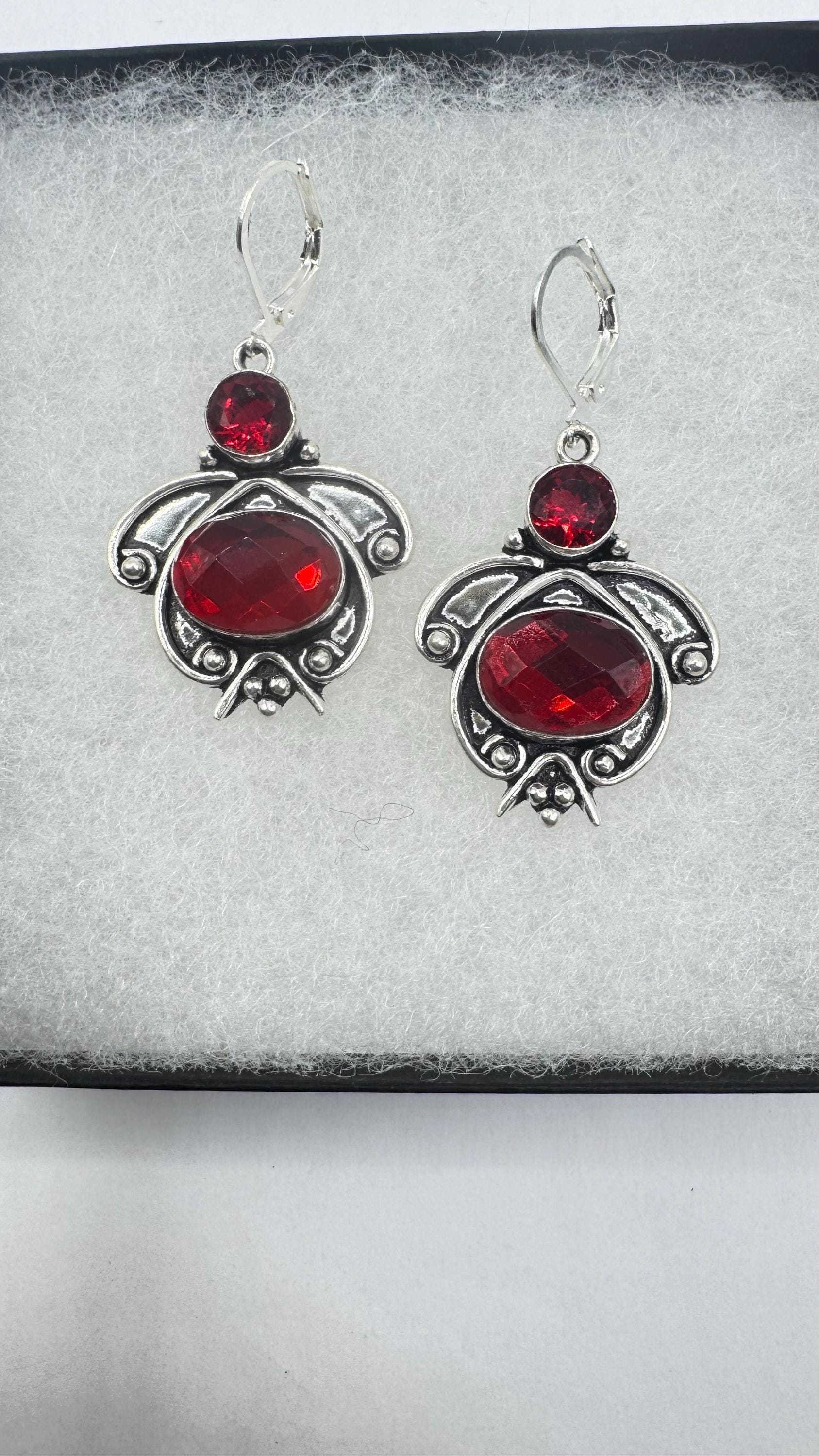 Antique Vintage Red Ruby Glass Silver Dangle Earrings