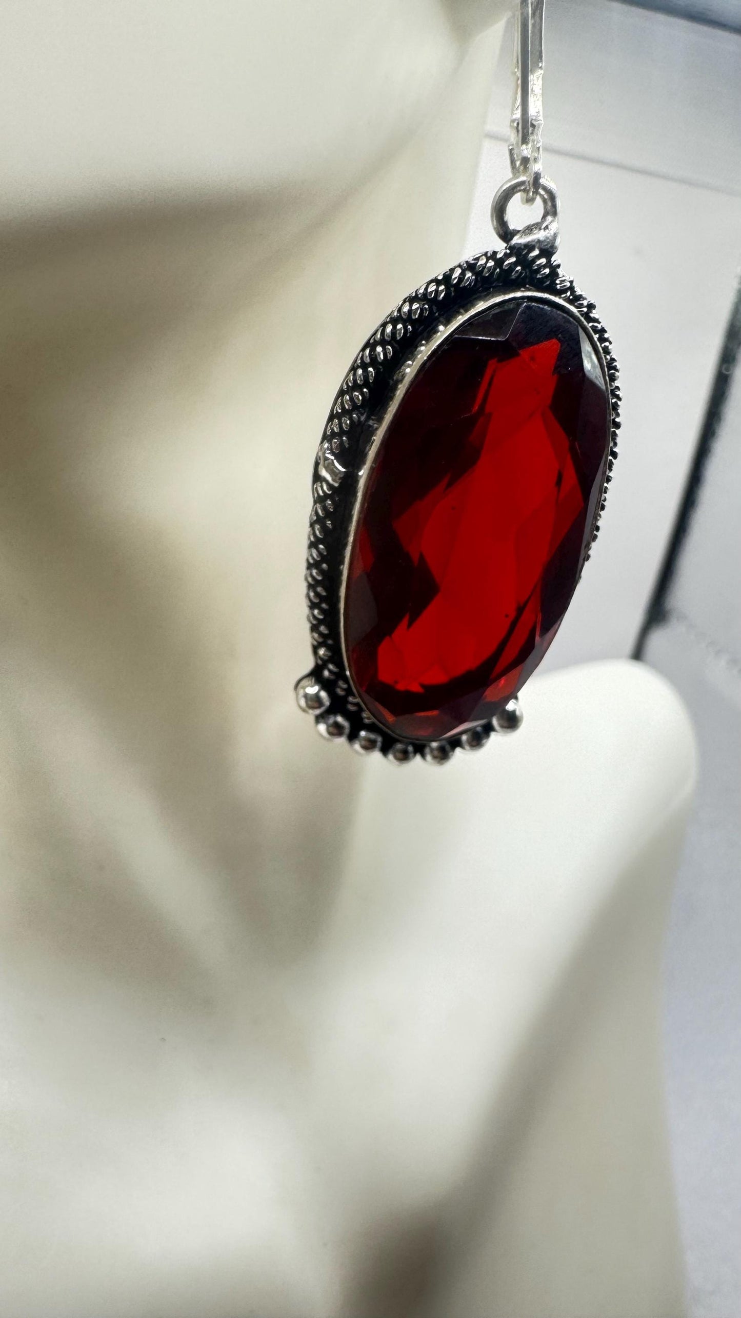 Vintage Red Ruby Glass Earrings 925 Sterling Silver Leverback