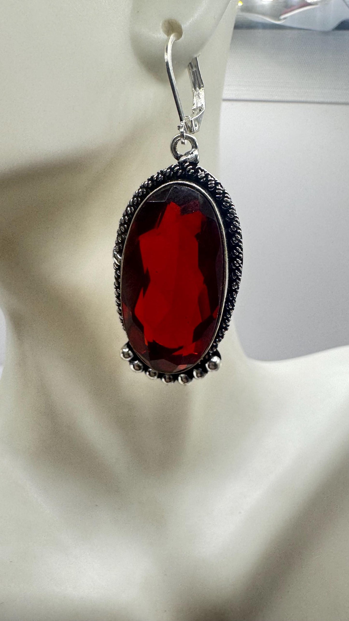 Vintage Red Ruby Glass Earrings 925 Sterling Silver Leverback