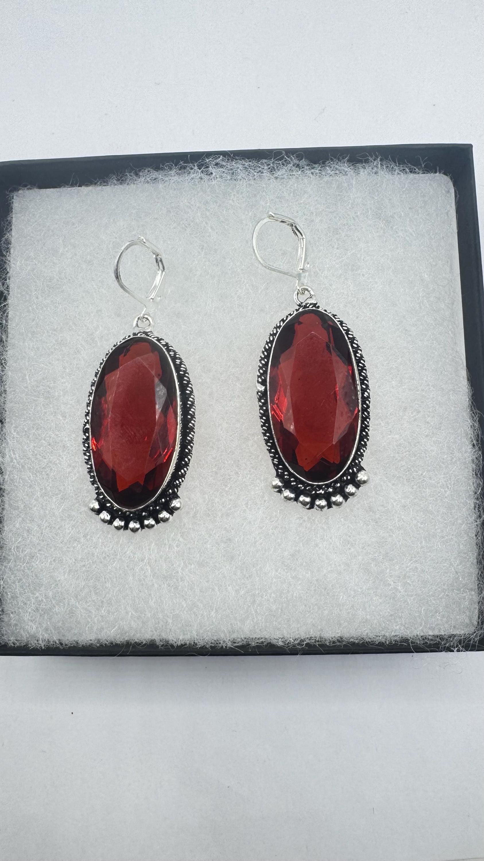 Vintage Red Ruby Glass Earrings 925 Sterling Silver Leverback
