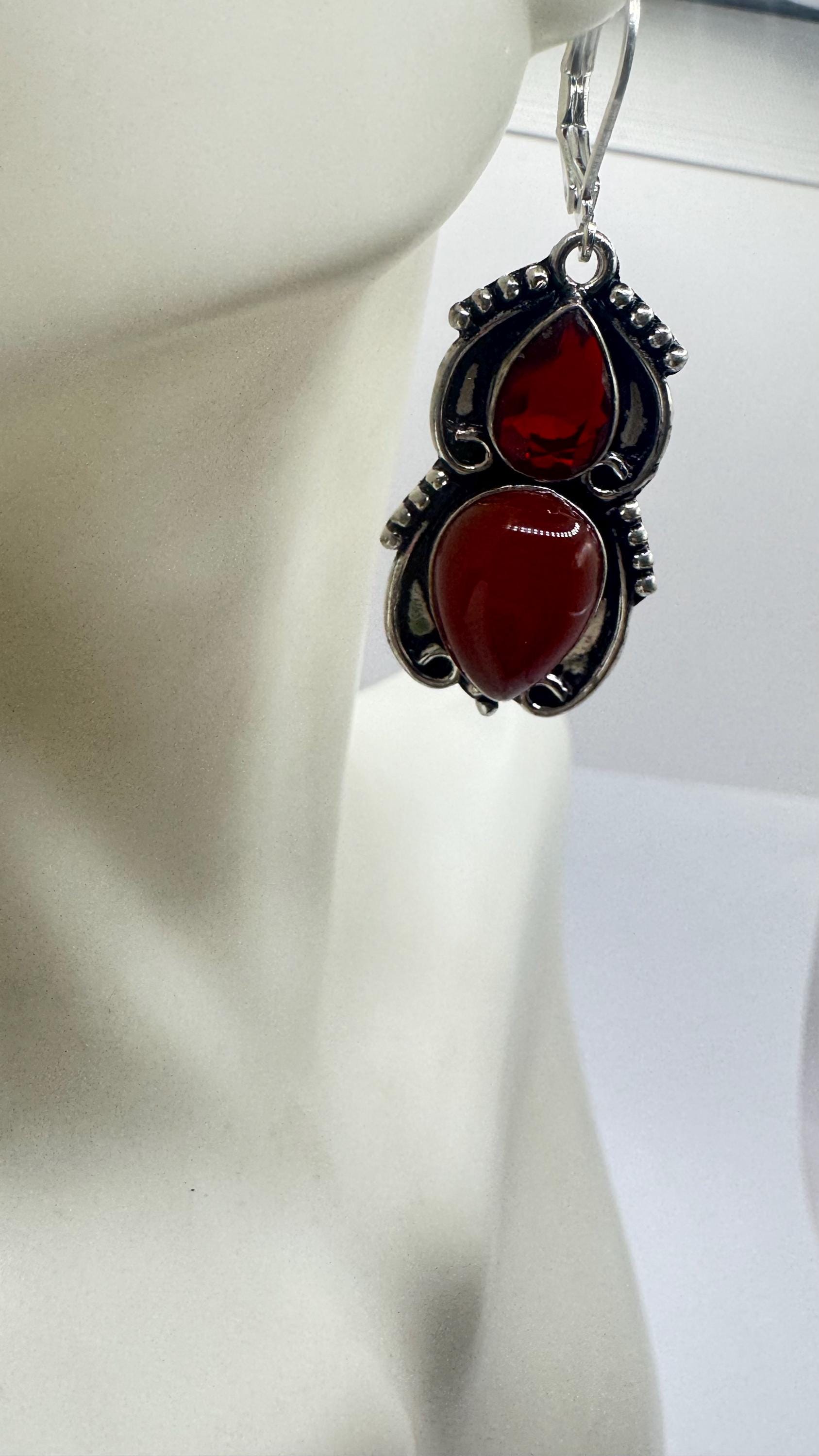 Antique vintage Red Ruby glass and Carnelian Silver dangle earrings