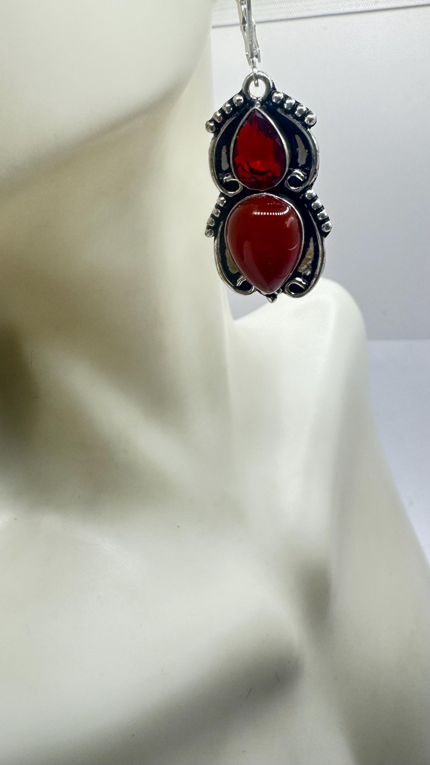 Antique vintage Red Ruby glass and Carnelian Silver dangle earrings