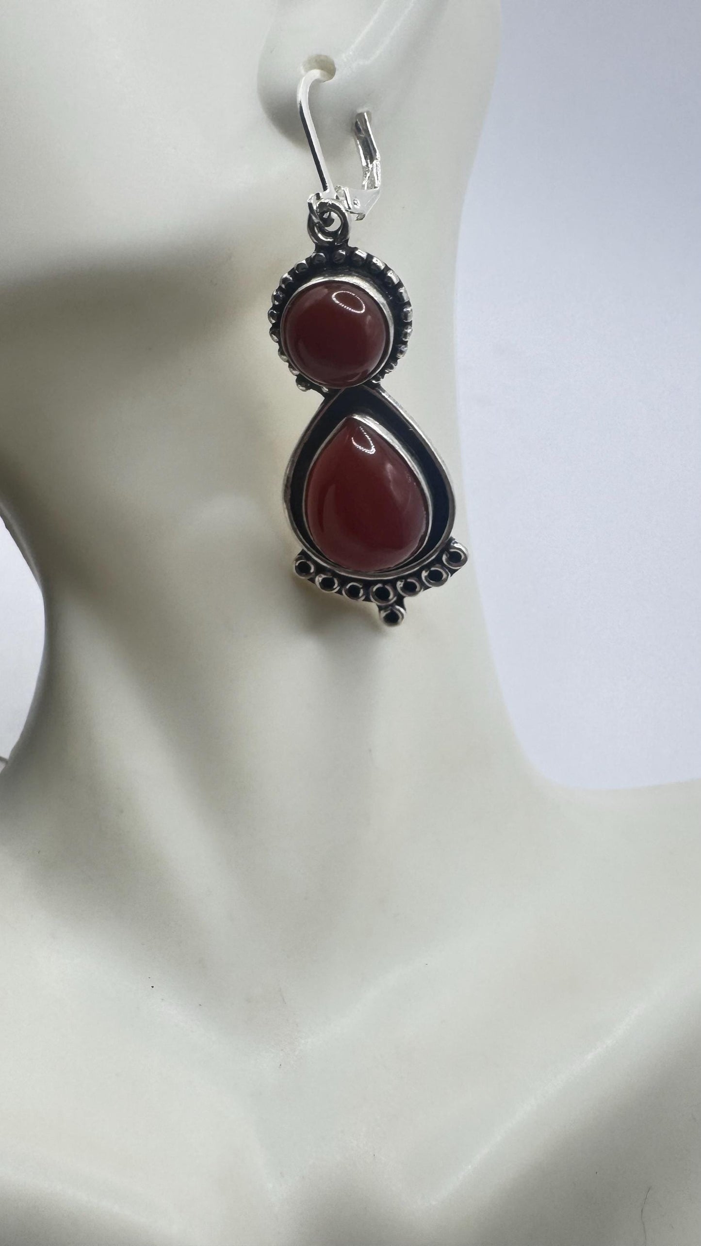 Vintage Genuine are Carnelian 925 Sterling lever backs Silver Filligree Dangle Chandelier Earrings