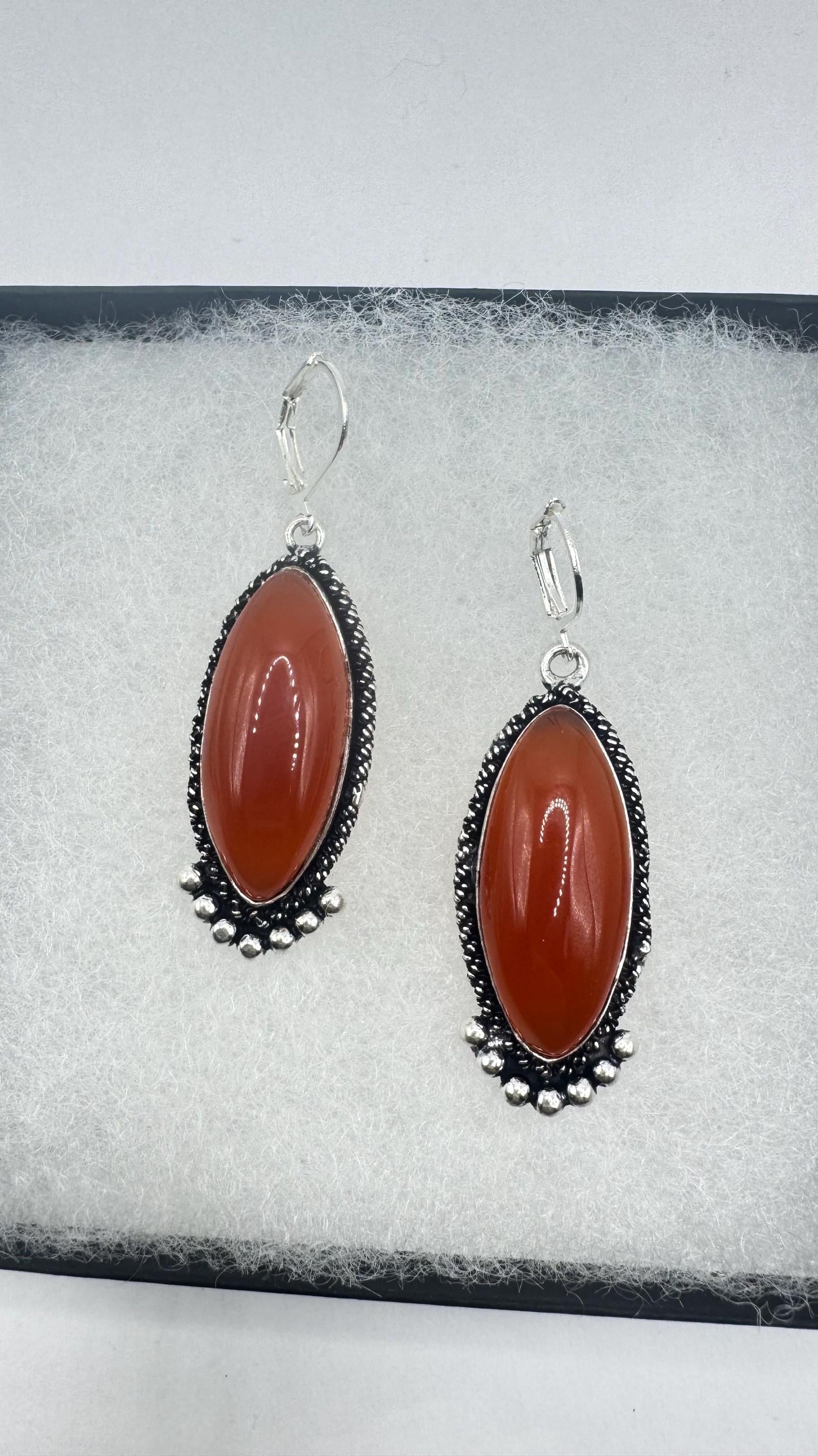 Vintage Genuine are Carnelian 925 Sterling lever backs Silver Filligree Dangle Chandelier Earrings
