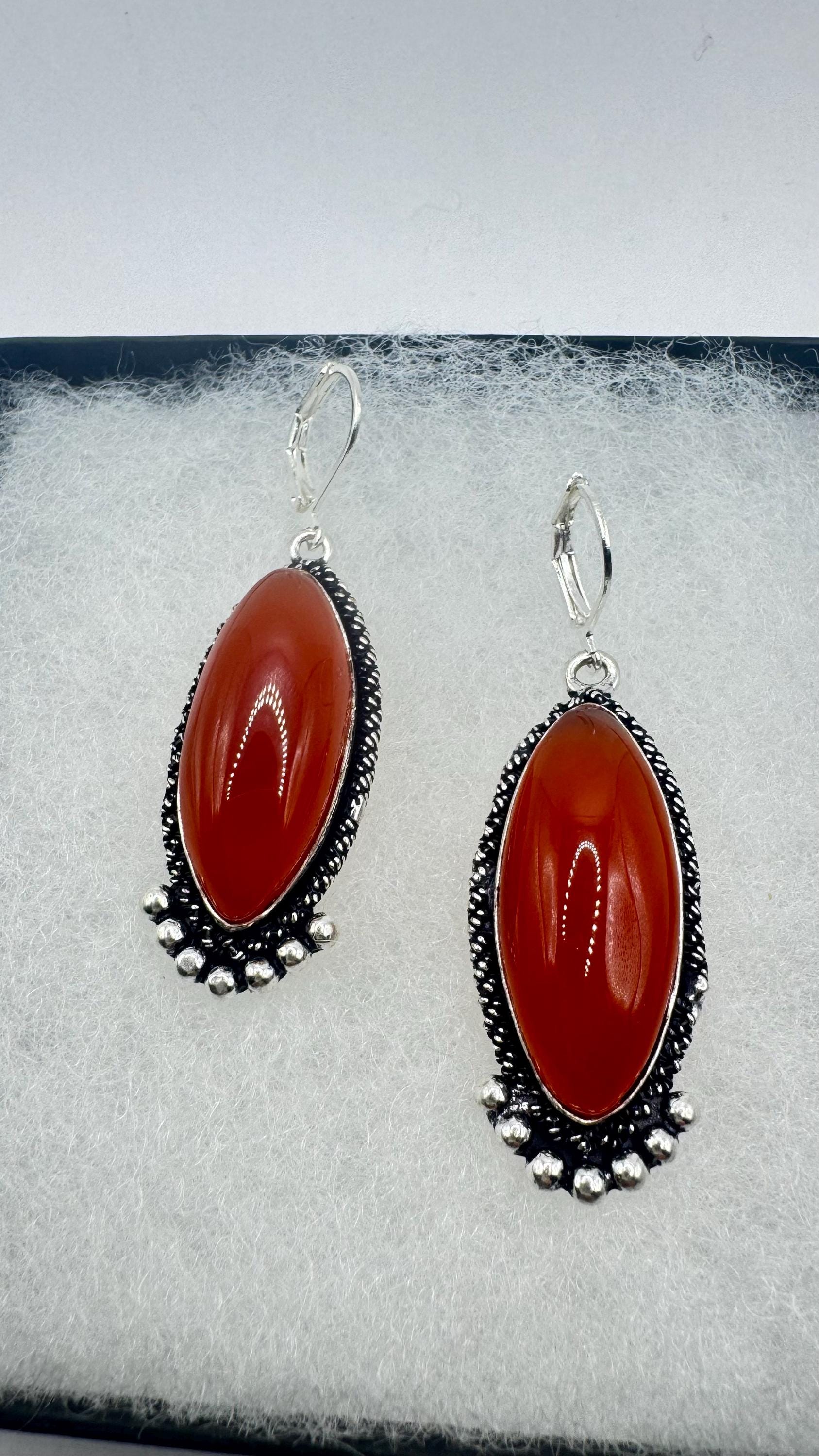 Vintage Genuine are Carnelian 925 Sterling lever backs Silver Filligree Dangle Chandelier Earrings