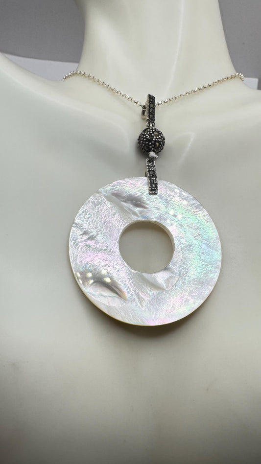 Vintage Marcasite 925 Sterling Silver Mother of Pearl Dangle Pendant Necklace