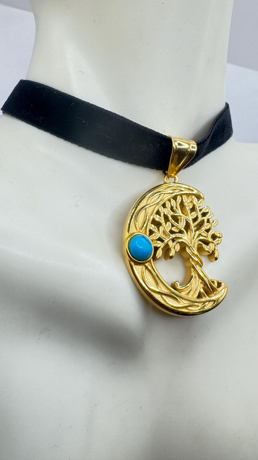 Vintage turquoise Silver Stainless Steel moon and tree of life Choker Necklace