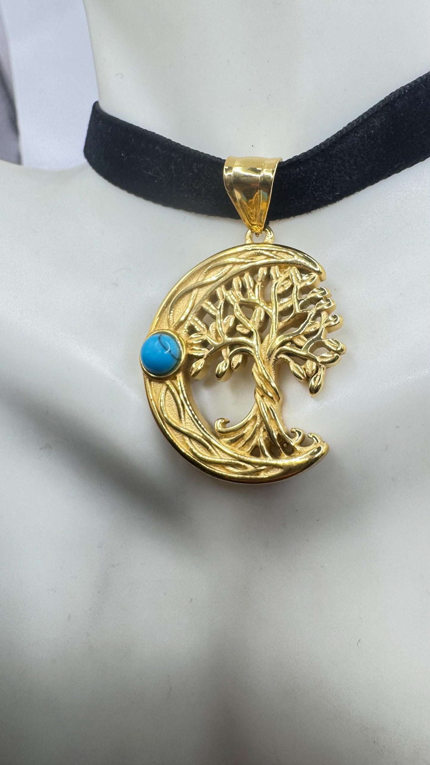 Vintage turquoise Silver Stainless Steel moon and tree of life Choker Necklace