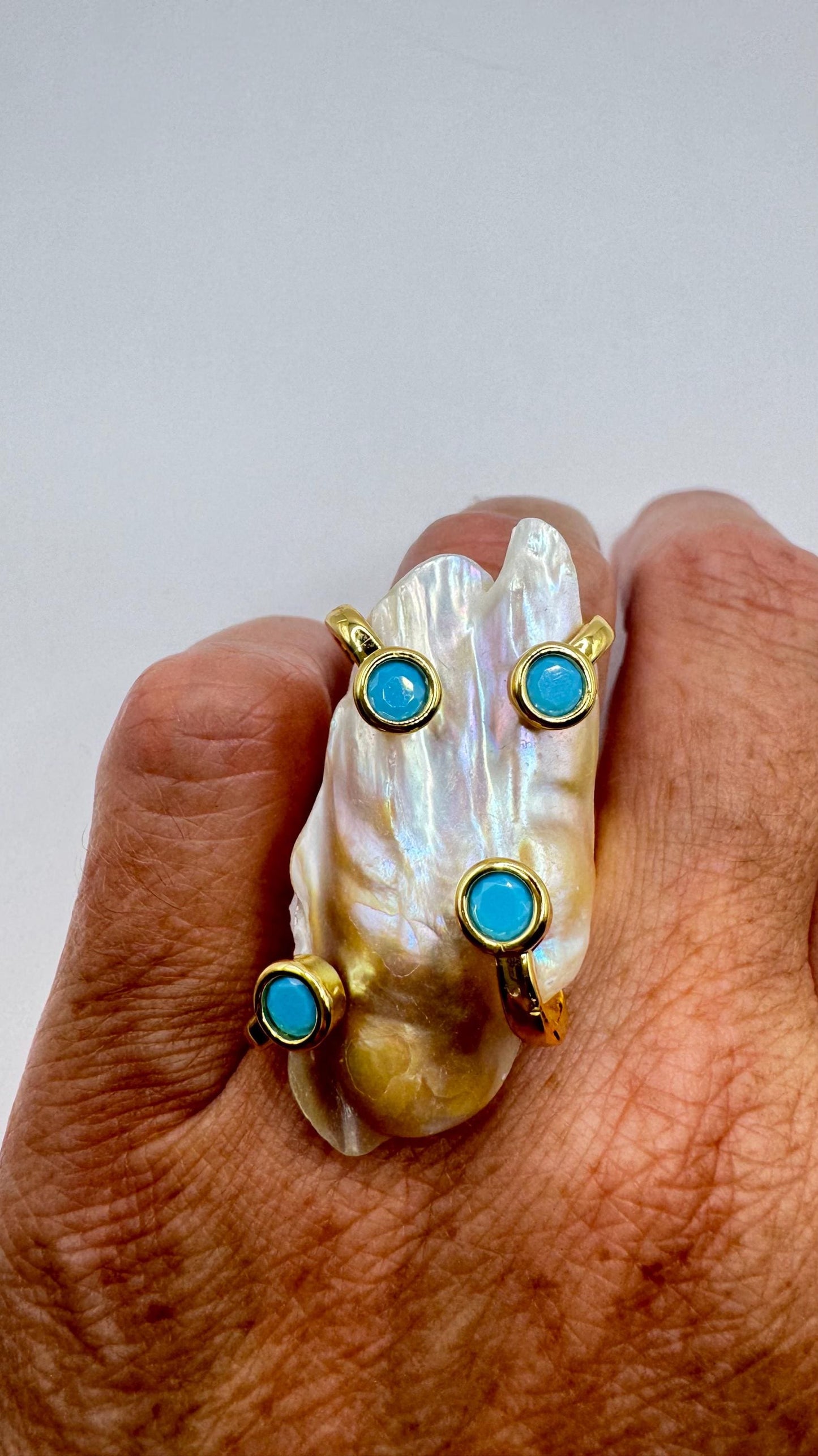 Vintage Biwa Pearl Ring Golden 925 Sterling Silver Cocktail Statement Adjustable