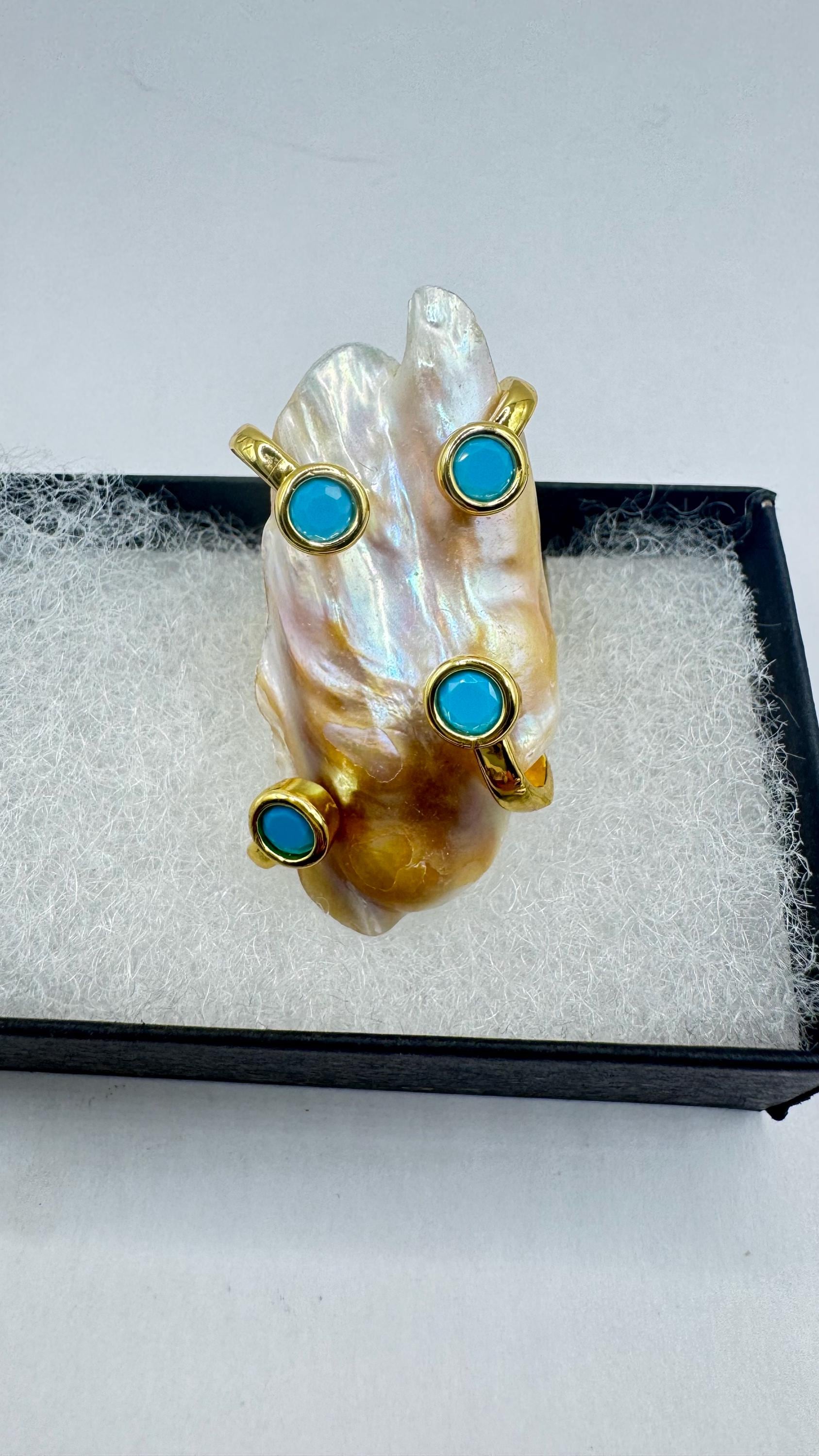 Vintage Biwa Pearl Ring Golden 925 Sterling Silver Cocktail Statement Adjustable