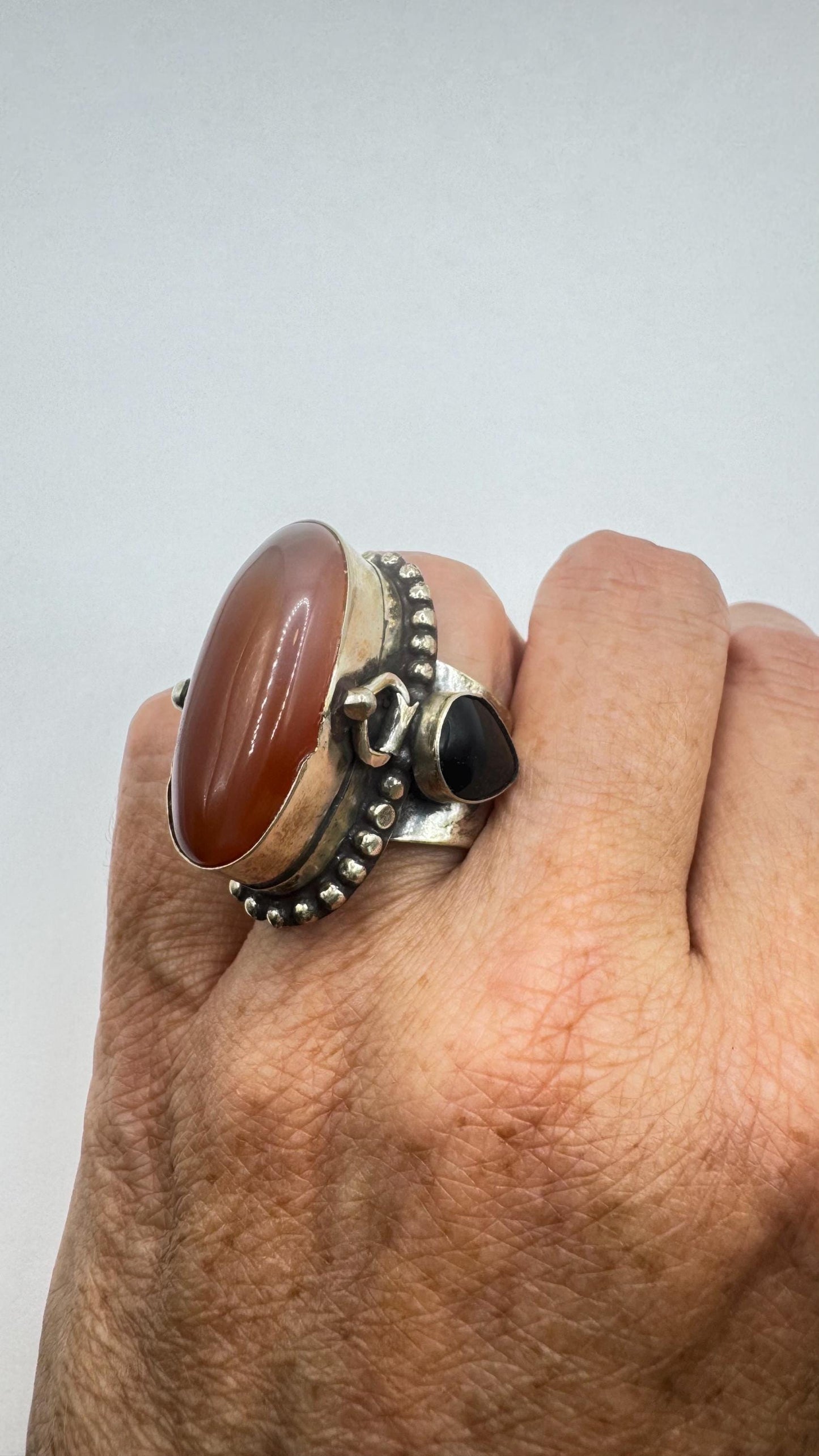 Vintage Red Carnelian Brass Poison Pillbox Ring