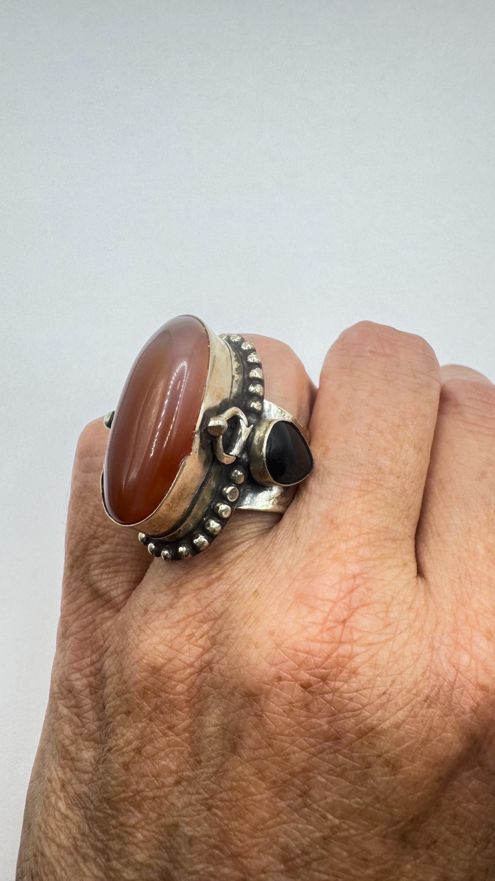 Vintage Red Carnelian Brass Poison Pillbox Ring