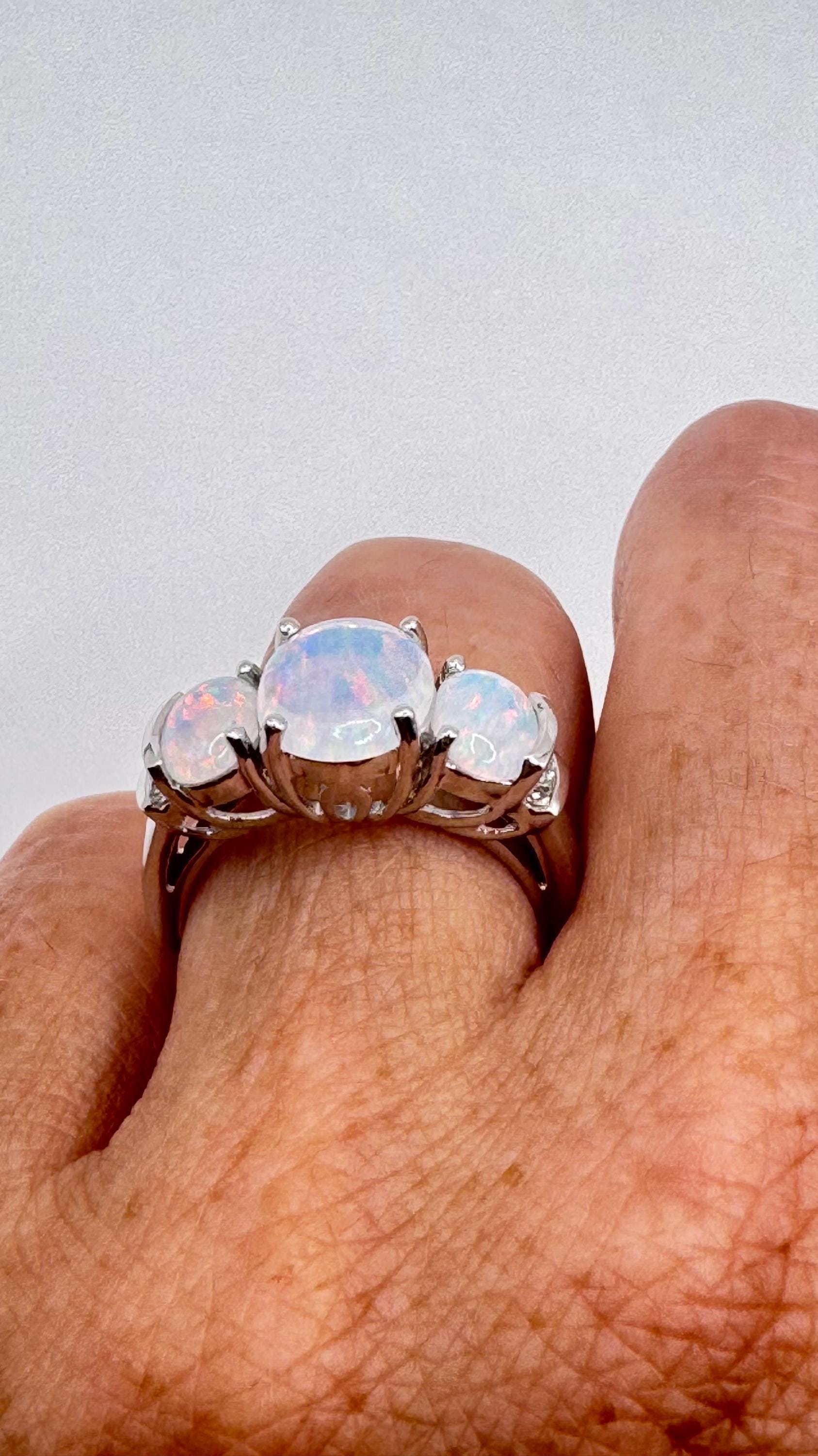 Vintage Fire Opal 925 Sterling Silver Diamond Chip Ring
