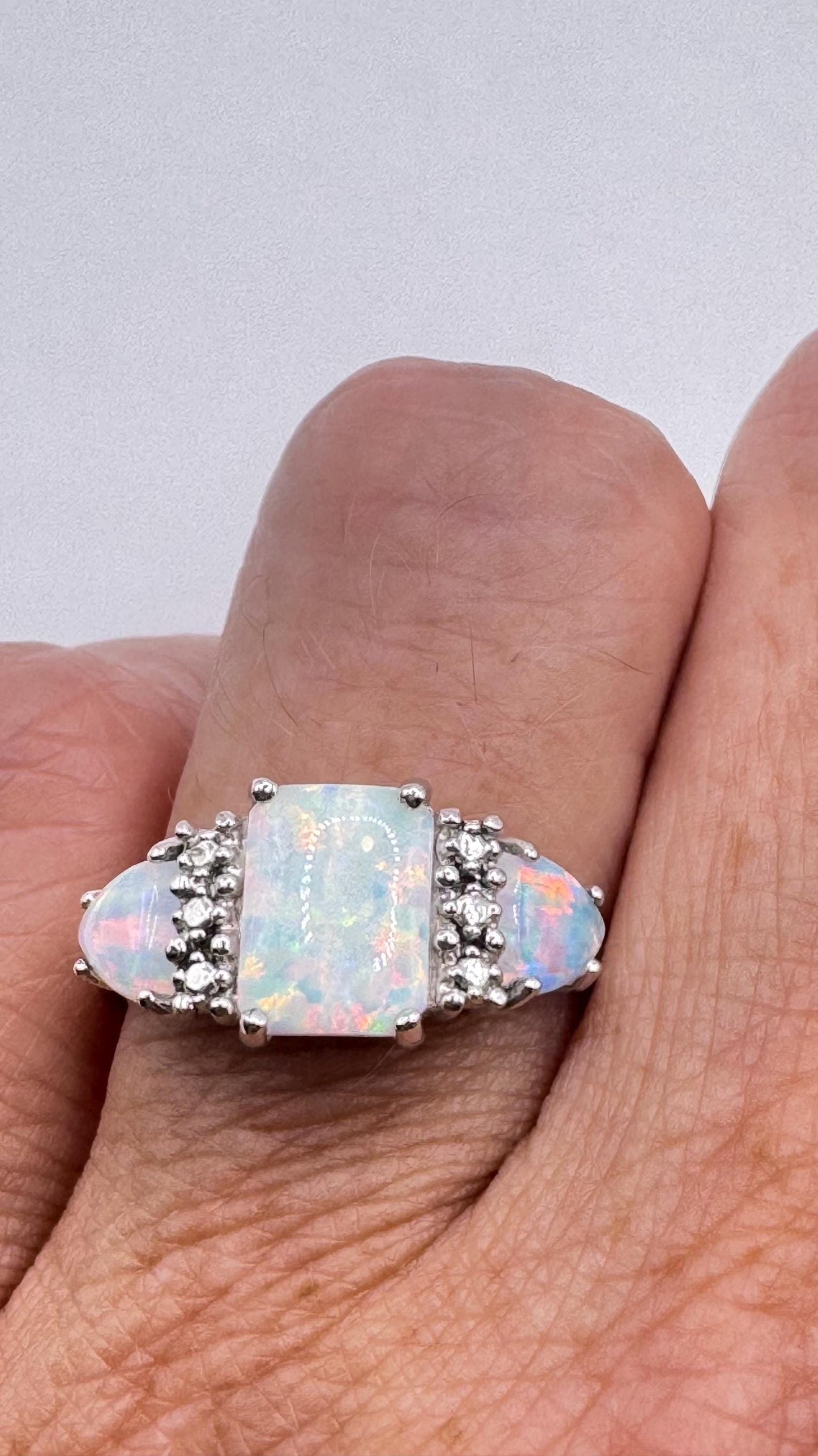 Vintage Fire Opal 925 Sterling Silver Diamond Chip Ring