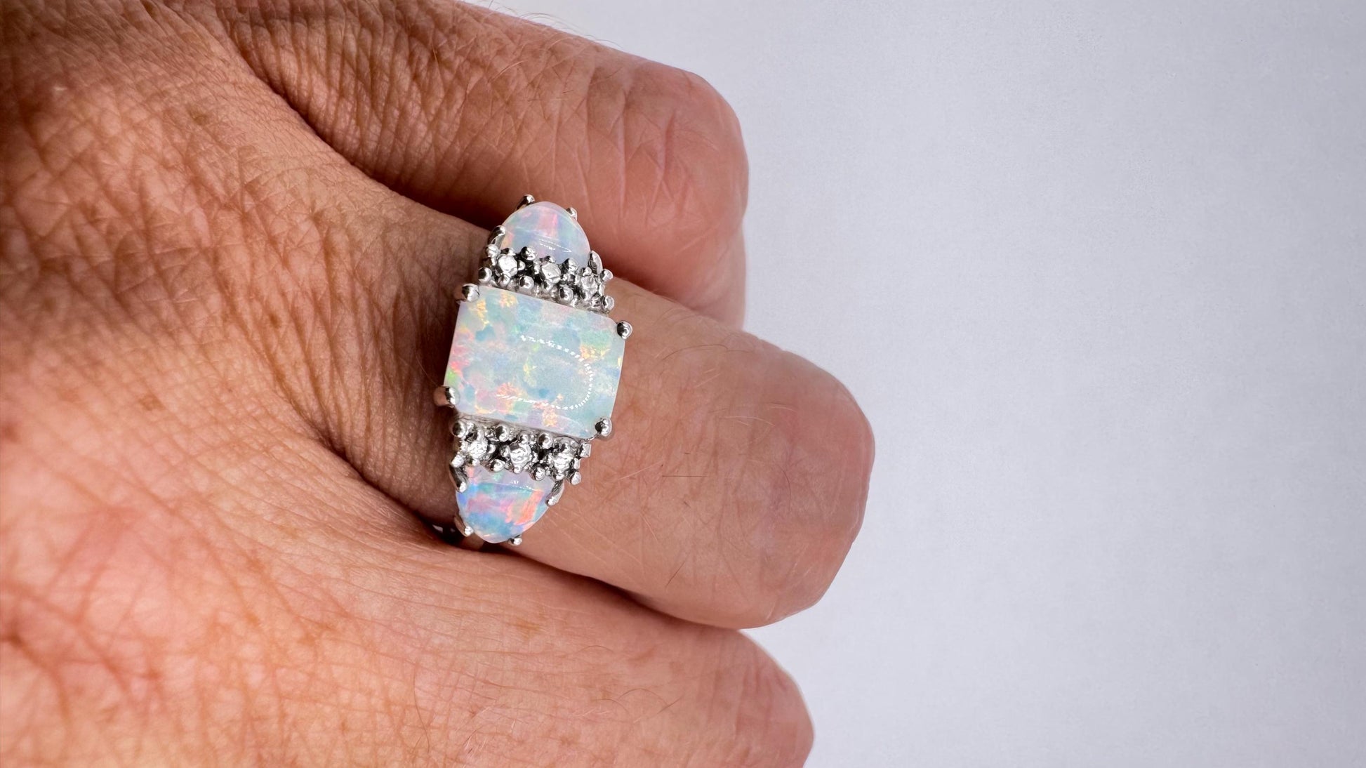 Vintage Fire Opal 925 Sterling Silver Diamond Chip Ring