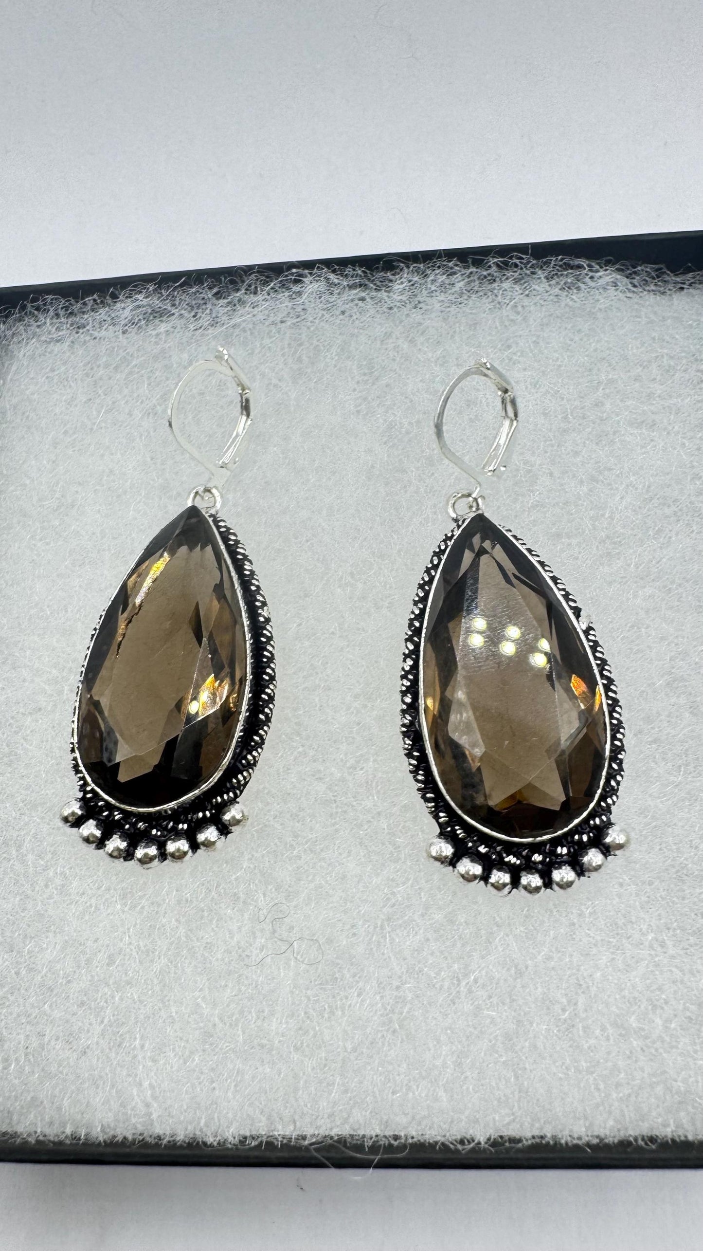 Vintage Brown Smoky Topaz 925 Sterling Silver drop Earrings