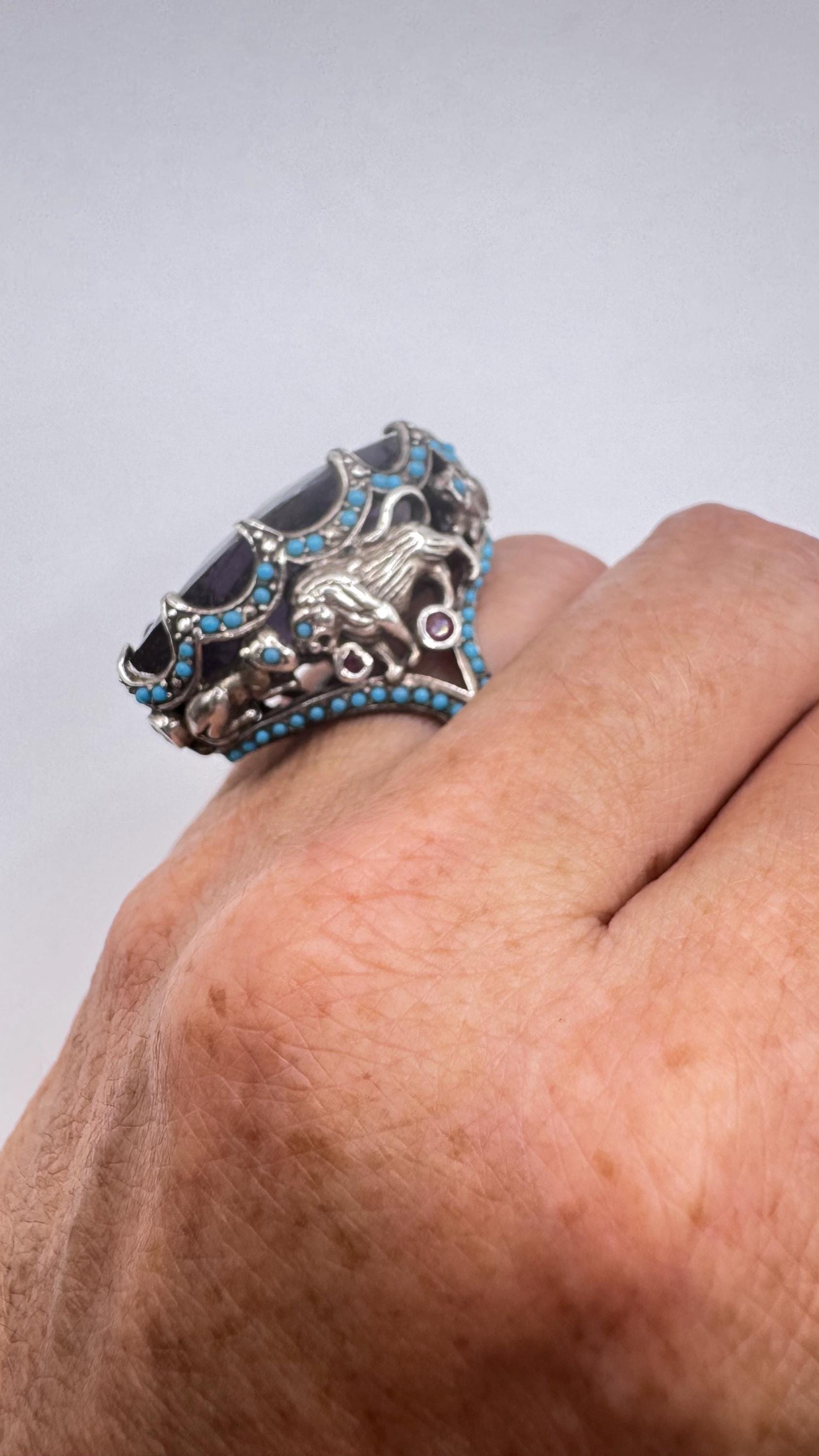 Vintage Purple Amethyst Turquoise Ruby 925 Sterling Silver Ring