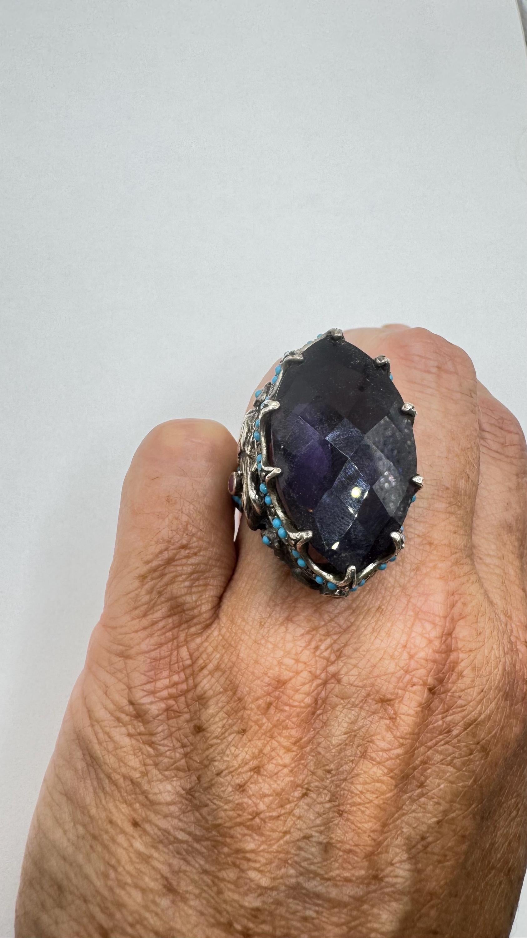 Vintage Purple Amethyst Turquoise Ruby 925 Sterling Silver Ring