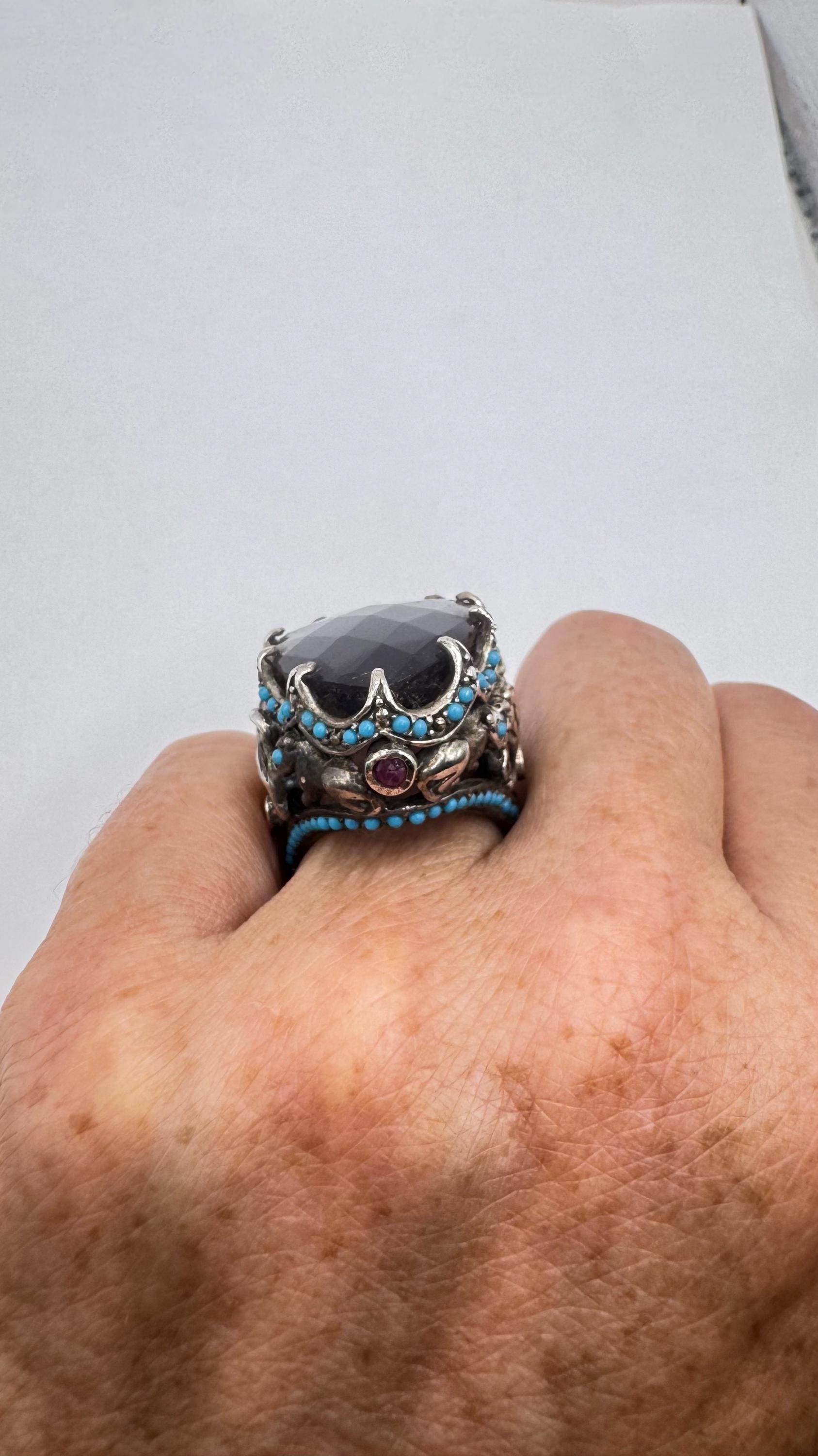 Vintage Purple Amethyst Turquoise Ruby 925 Sterling Silver Ring