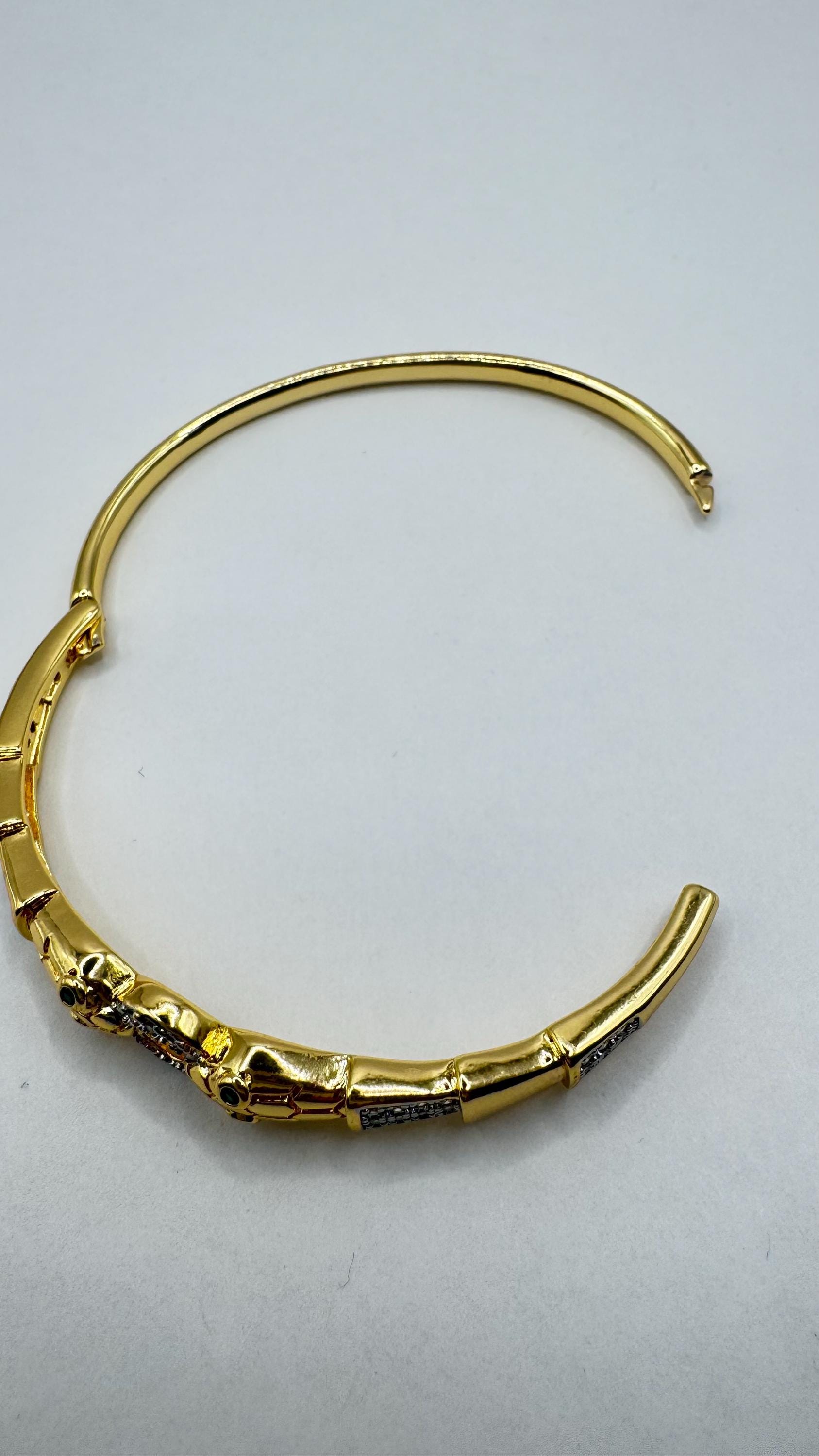 Vintage Snake Bangle Bracelet Gold filled Green Crystal Eyes
