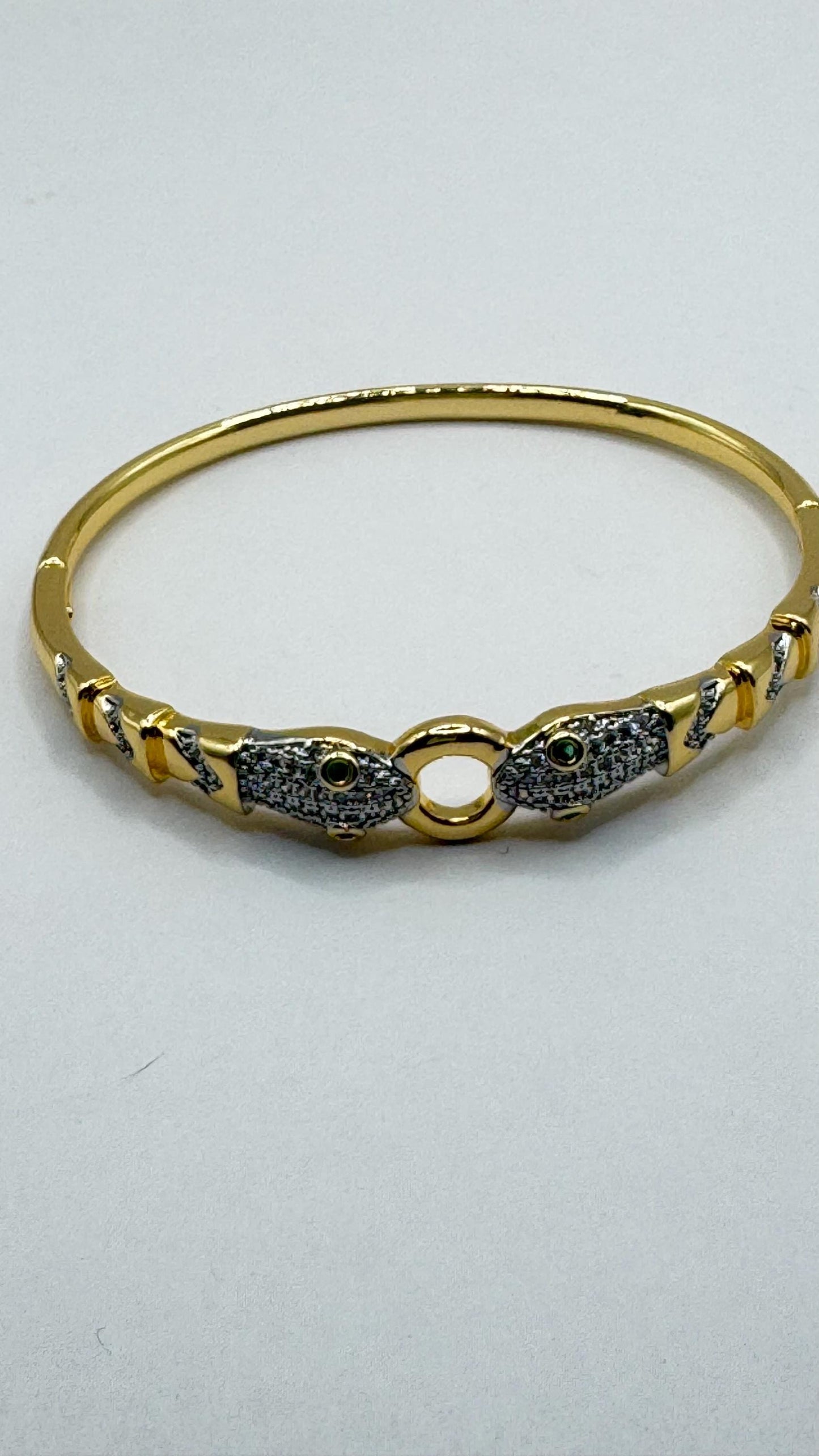 Vintage Snake Bangle Bracelet Gold filled Green Crystal Eyes