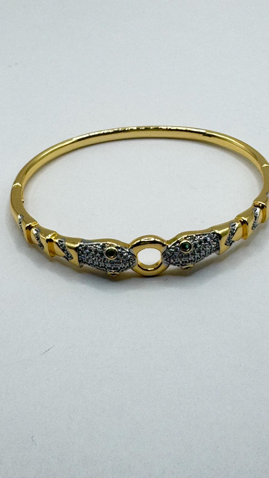 Vintage Snake Bangle Bracelet Gold filled Green Crystal Eyes