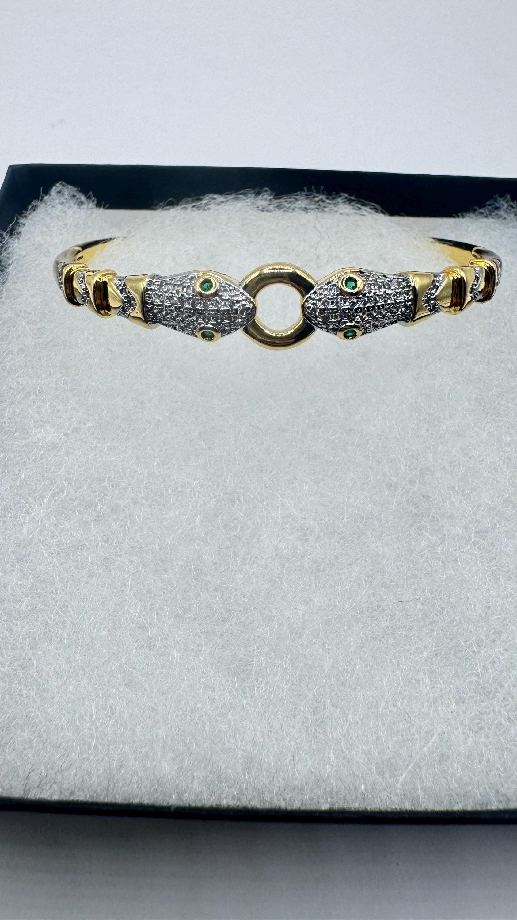 Vintage Snake Bangle Bracelet Gold filled Green Crystal Eyes