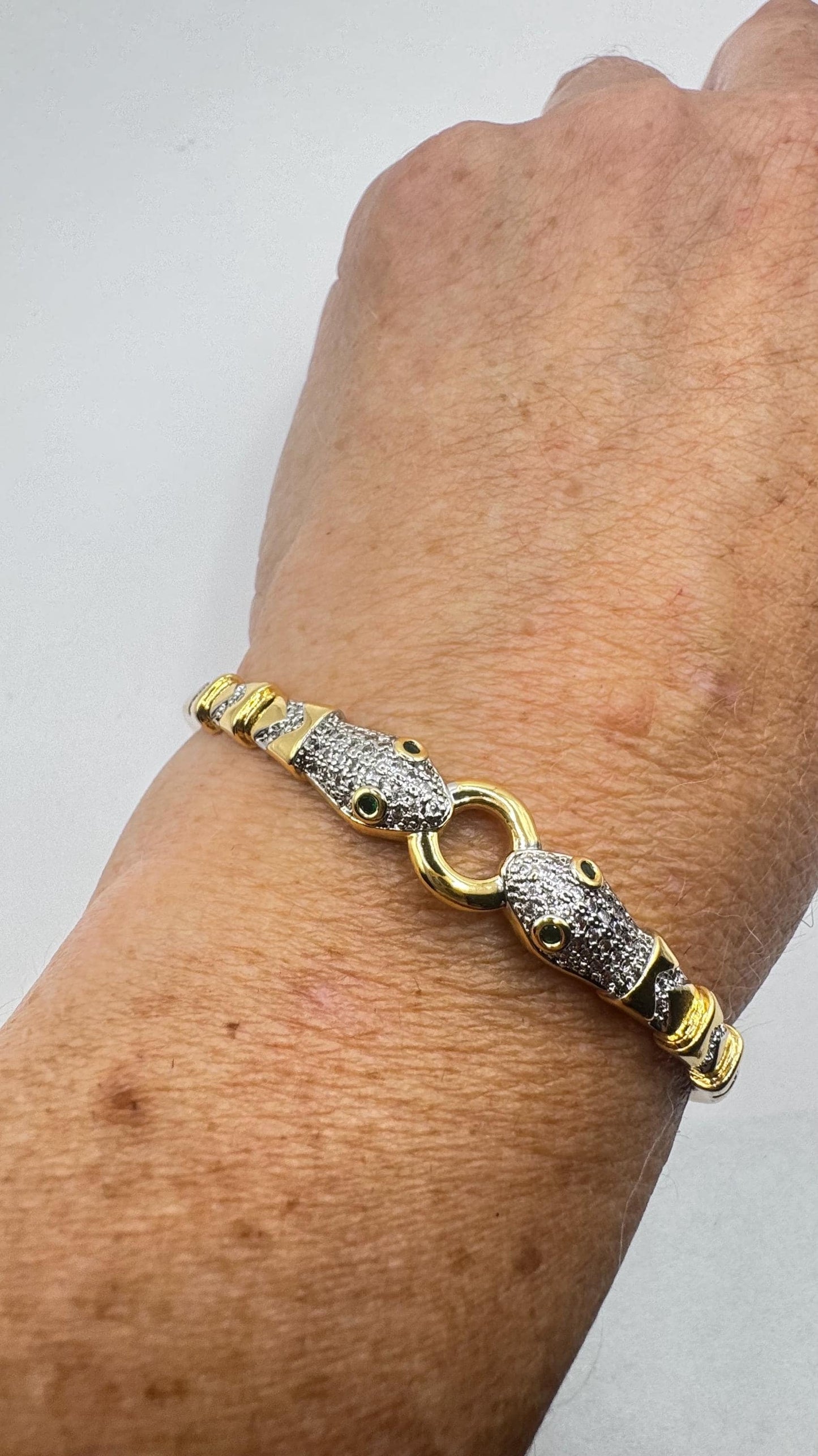 Vintage Snake Bangle Bracelet Gold filled Green Crystal Eyes