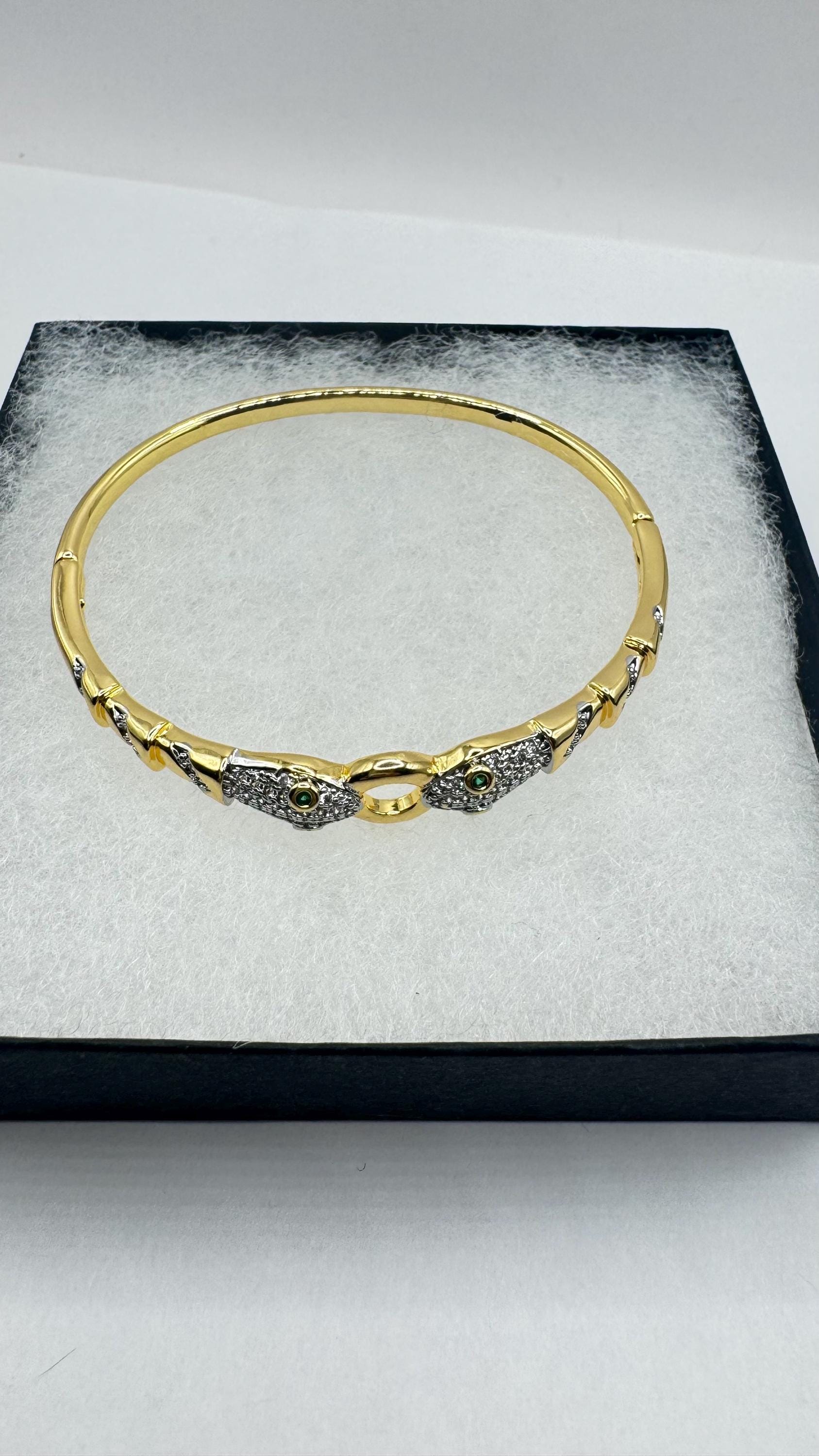 Vintage Snake Bangle Bracelet Gold filled Green Crystal Eyes