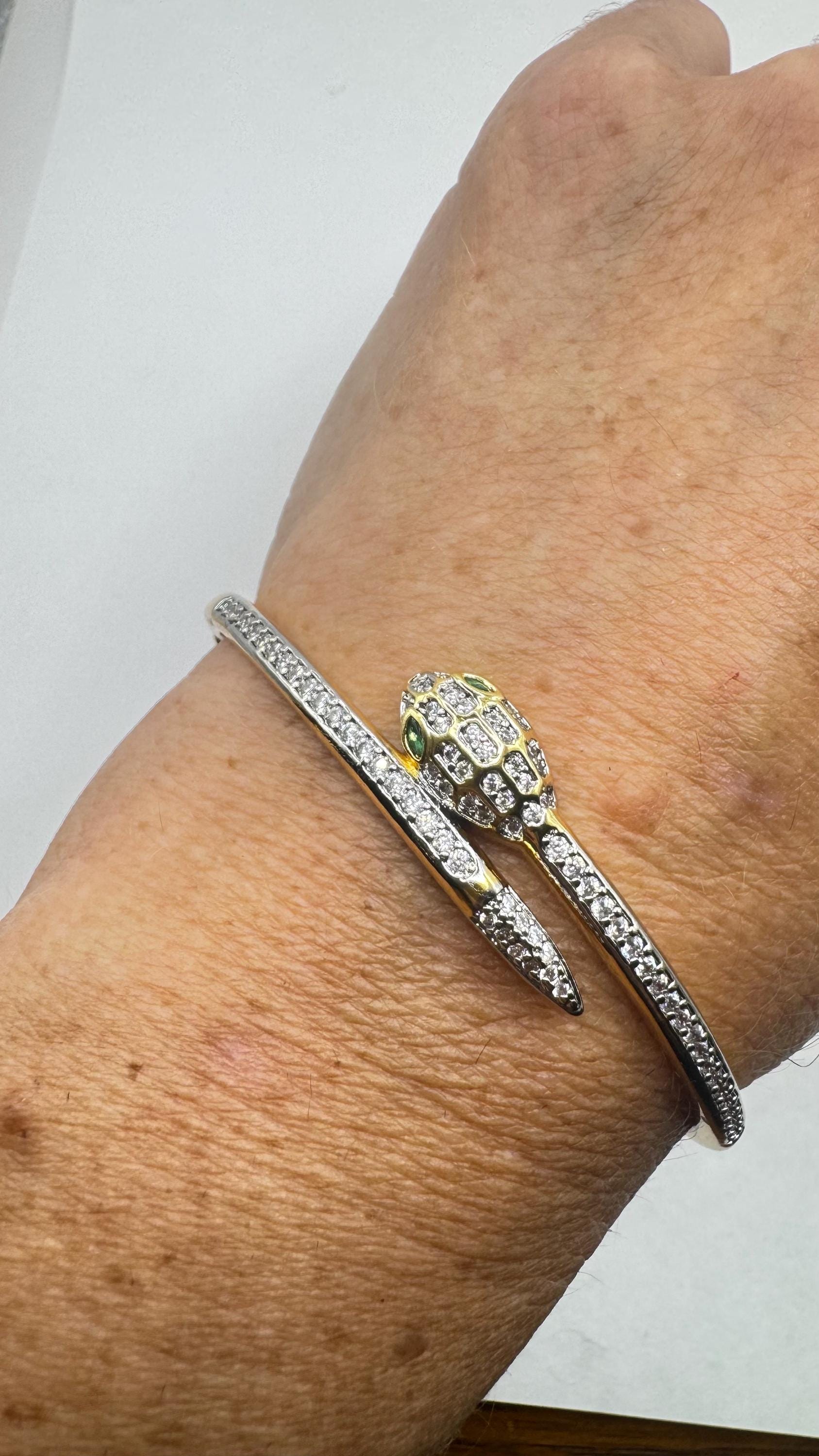 Vintage Snake Bangle Bracelet Gold filled Green Crystal Eyes