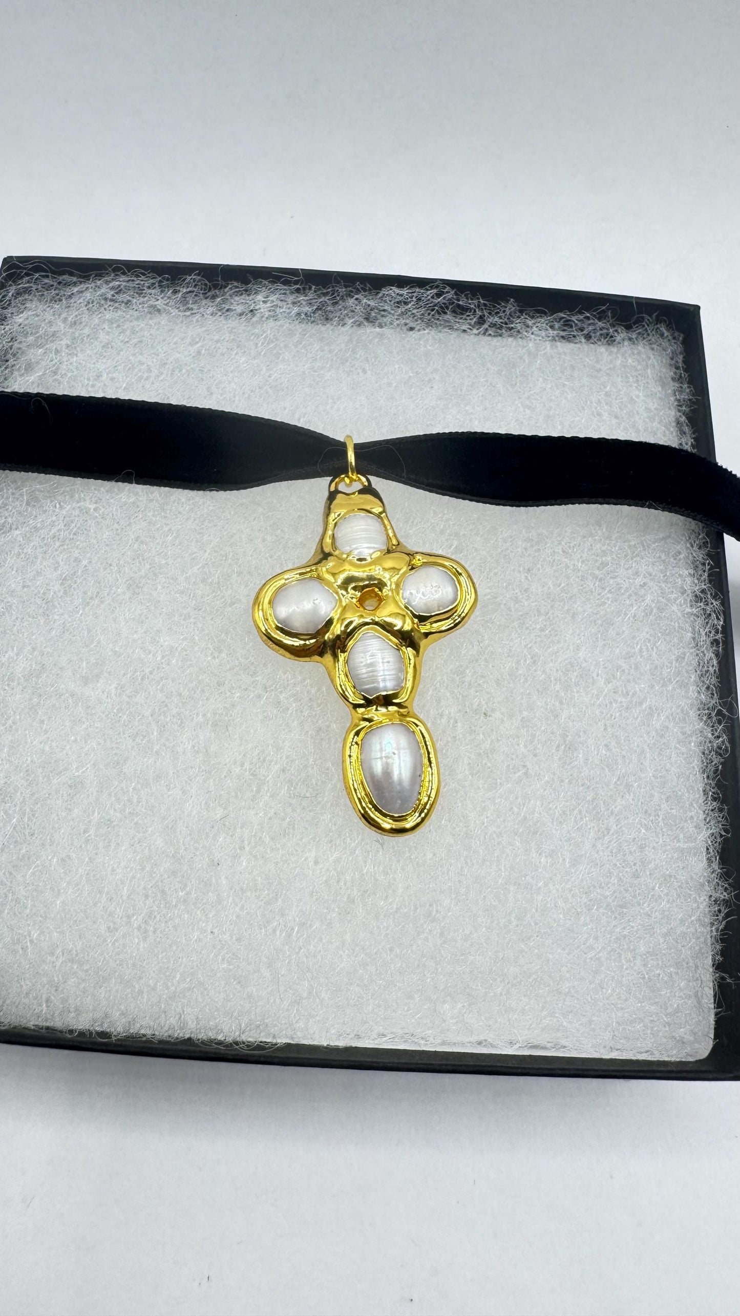 Vintage Pearl Cross Black Velvet Choker Gold Filled Pendant
