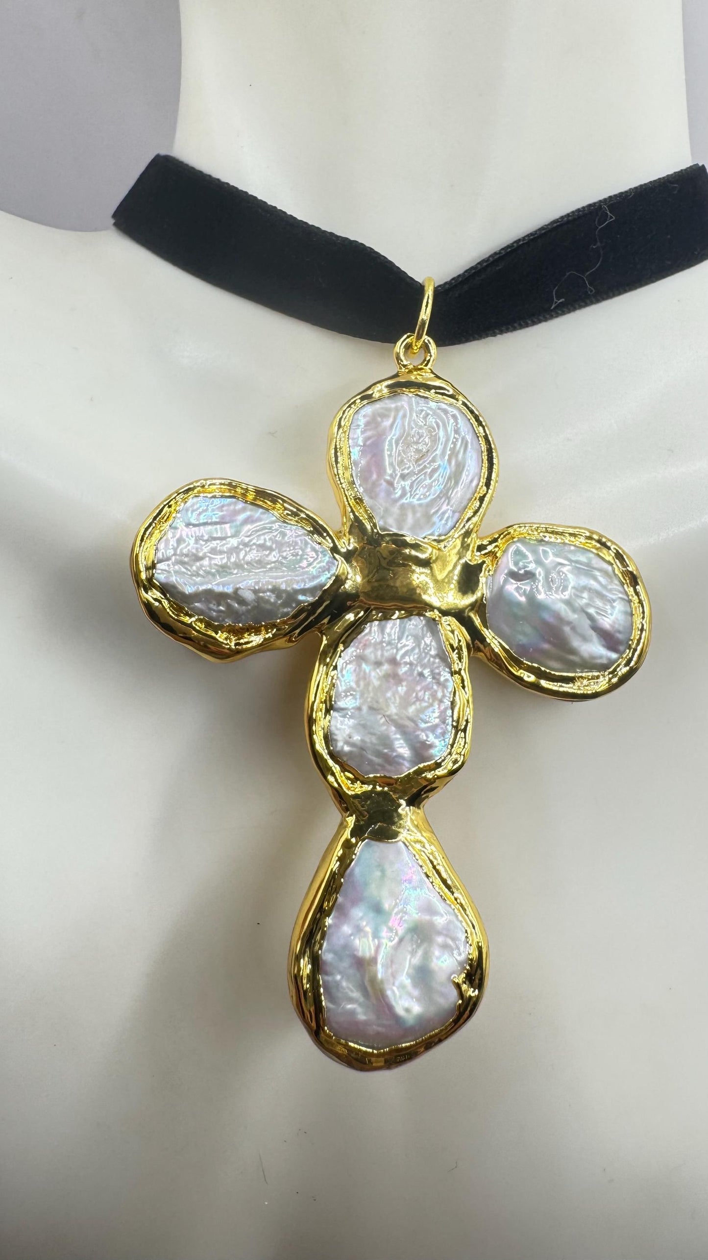 Vintage Pearl Cross Black Velvet Choker Gold Filled Pendant