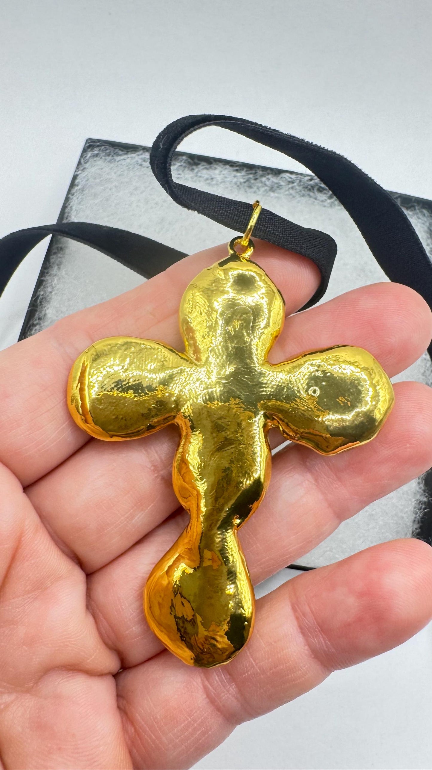 Vintage Pearl Cross Black Velvet Choker Gold Filled Pendant