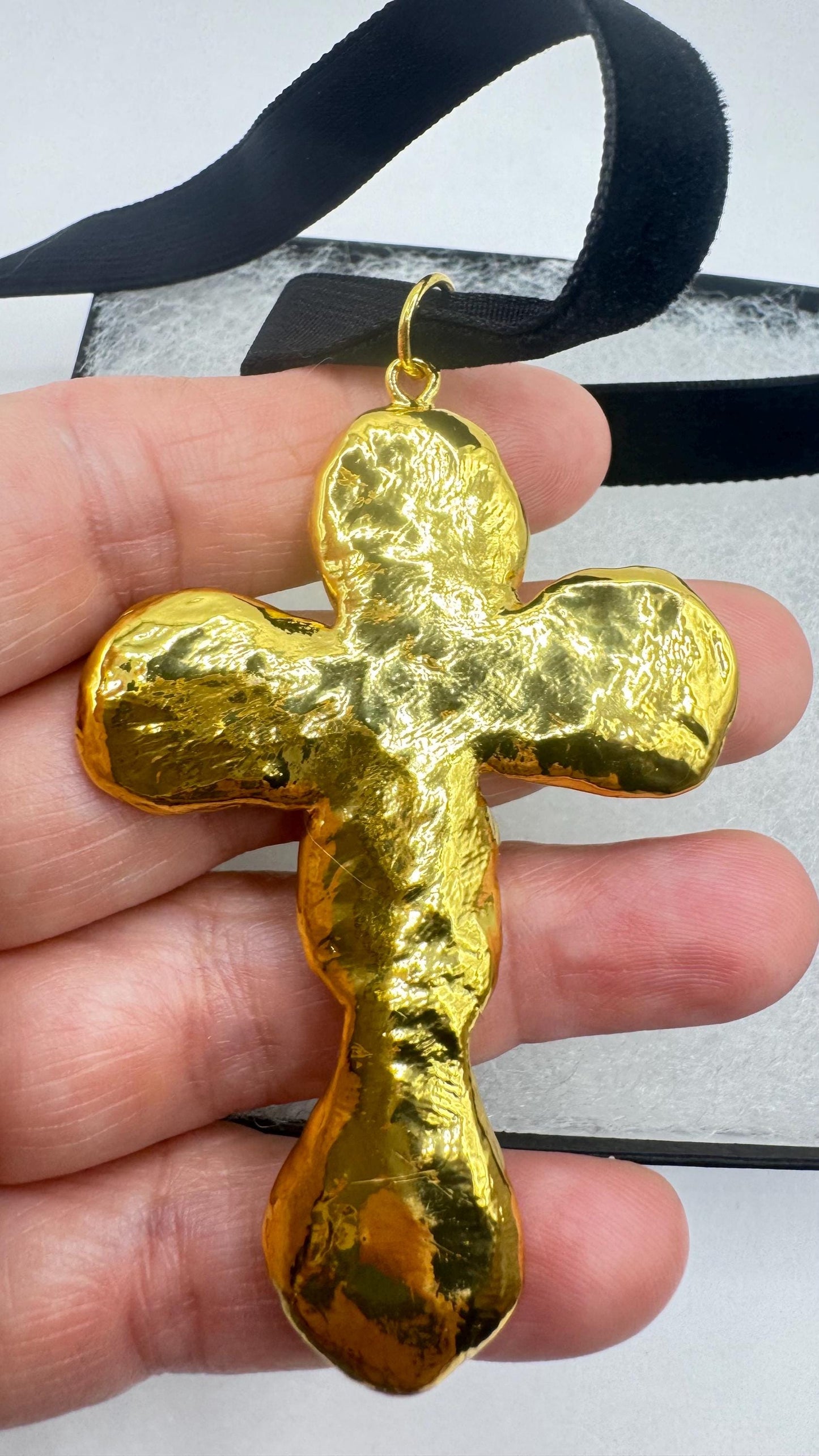 Vintage Pearl Cross Black Velvet Choker Gold Filled Pendant