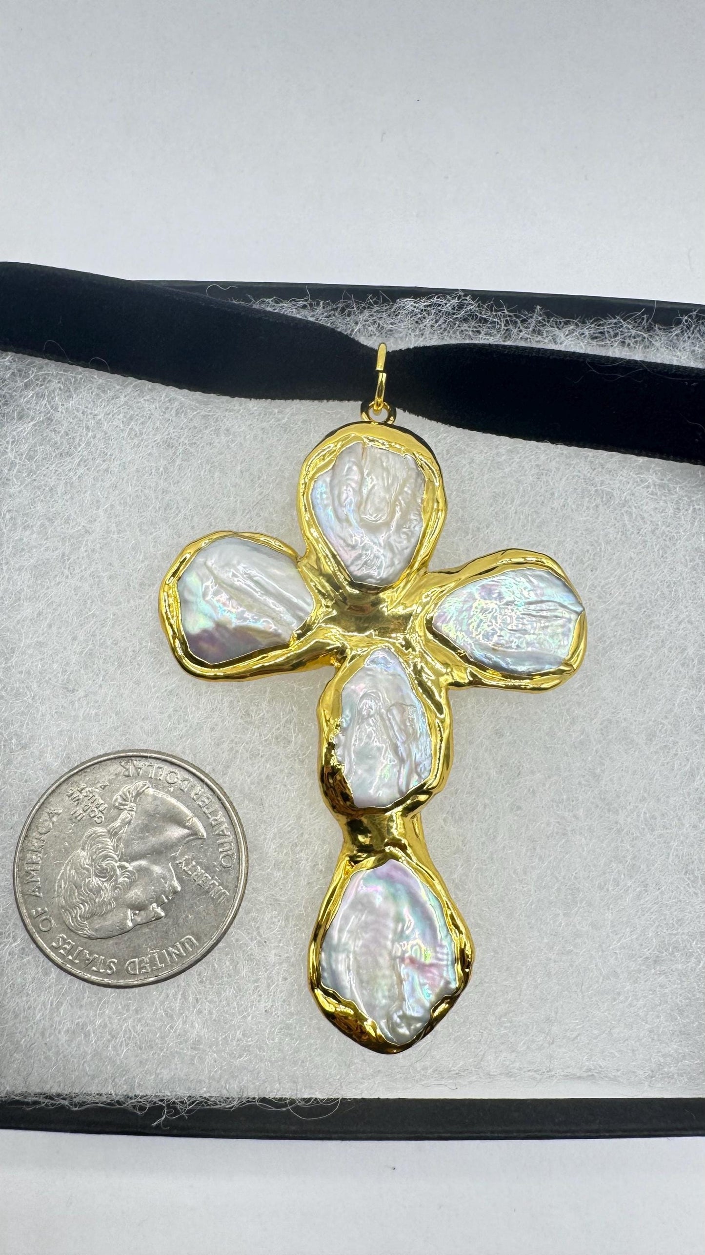 Vintage Pearl Cross Black Velvet Choker Gold Filled Pendant